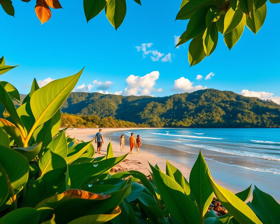 A vibrant scene depicting the best travel season in Manuel Antonio National Park during early morning golden hour. In the foreground, show lush tropical foliage with dewdrops glistening in soft sunlight, creating a sense of serenity. The middle ground features a calm beach with gentle waves lapping at the shore, along with a few visitors engaged in nature walks, dressed in modest casual attire, enjoying the scenic view. In the background, the iconic hills and dense rainforests of Manuel Antonio rise up against a bright blue sky, dotted with fluffy white clouds. The atmosphere should feel tranquil and inviting, highlighting the ideal conditions for exploration, with warm, soft lighting that lends a magical quality to the landscape. Use a wide-angle lens perspective to encompass the beauty of nature. A vibrant scene depicting the best travel season in Manuel Antonio National Park during early morning golden hour. In the foreground, show lush tropical foliage with dewdrops glistening in soft sunlight, creating a sense of serenity. The middle ground features a calm beach with gentle waves lapping at the shore, along with a few visitors engaged in nature walks, dressed in modest casual attire, enjoying the scenic view. In the background, the iconic hills and dense rainforests of Manuel Antonio rise up against a bright blue sky, dotted with fluffy white clouds. The atmosphere should feel tranquil and inviting, highlighting the ideal conditions for exploration, with warm, soft lighting that lends a magical quality to the landscape. Use a wide-angle lens perspective to encompass the beauty of nature.