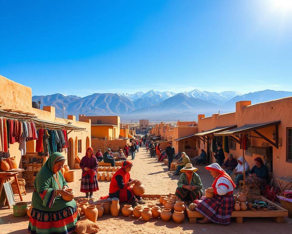 A vibrant scene featuring Atacameño cultural elements in the bustling village of San Pedro de Atacama, focusing on traditional attire and crafts. In the foreground, a group of Atacameño people, dressed in colorful, modest traditional clothing, engage in weaving and pottery, showcasing their artisanal skills. The middle ground includes adobe houses and rustic markets filled with local crafts and textiles. The background reveals the stunning Andes Mountains under a clear blue sky, providing a breathtaking backdrop to the scene. Warm, golden sunlight bathes the entire landscape, creating a peaceful and inviting atmosphere. Capture the essence of community, tradition, and respect for nature, using a wide-angle lens for depth. The mood is lively yet serene, reflecting the richness of Atacameño culture.