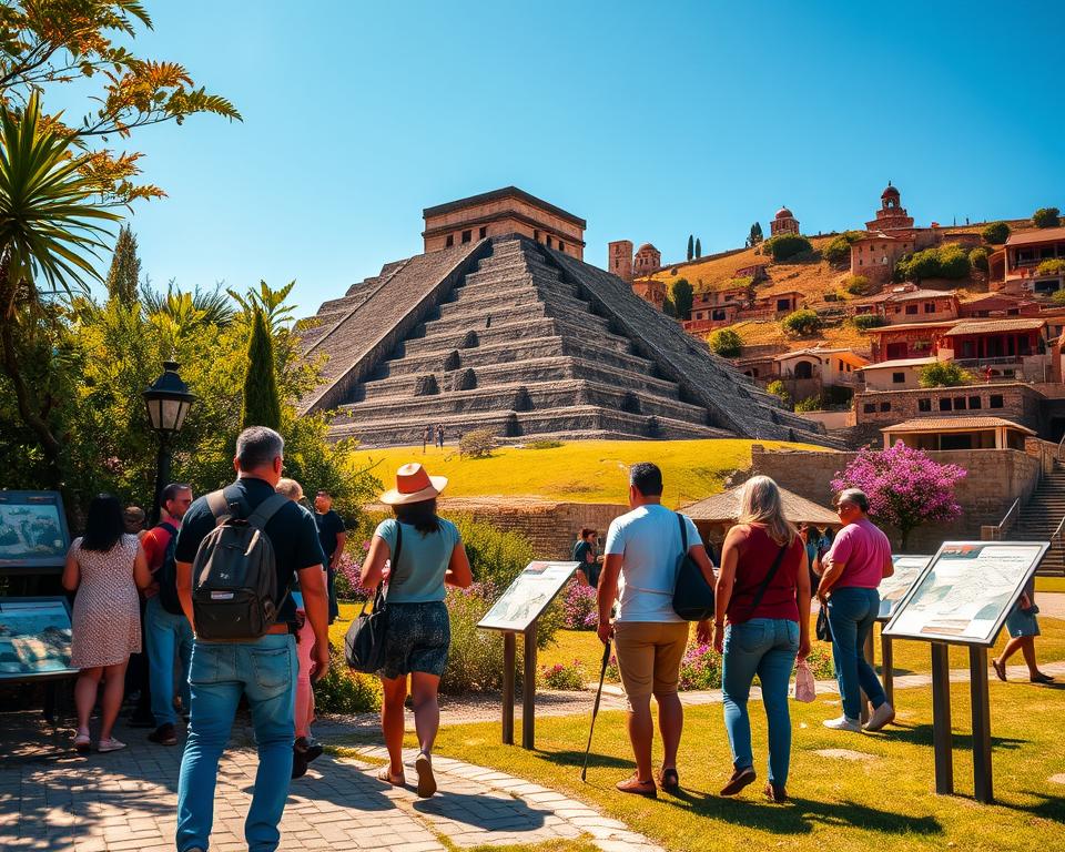 A vibrant scene of Cholula, Mexico, showcasing its rich history and culture around the iconic Cholula Pyramid. In the foreground, a group of visitors in casual, culturally respectful clothing navigate the ancient site, examining informative plaques and maps. The middle ground features the majestic pyramid, partially obscured by lush greenery and blooming flowers, highlighting the harmonious blend of nature and history. In the background, traditional adobe houses with terracotta roofs cascade down the hillside, under a clear blue sky. Golden sunlight bathes the scene, casting soft shadows and enhancing the vibrant colors, creating a warm and inviting atmosphere perfect for exploration. The angle captures the pyramid from a low perspective, emphasizing its grandeur and significance in the landscape.