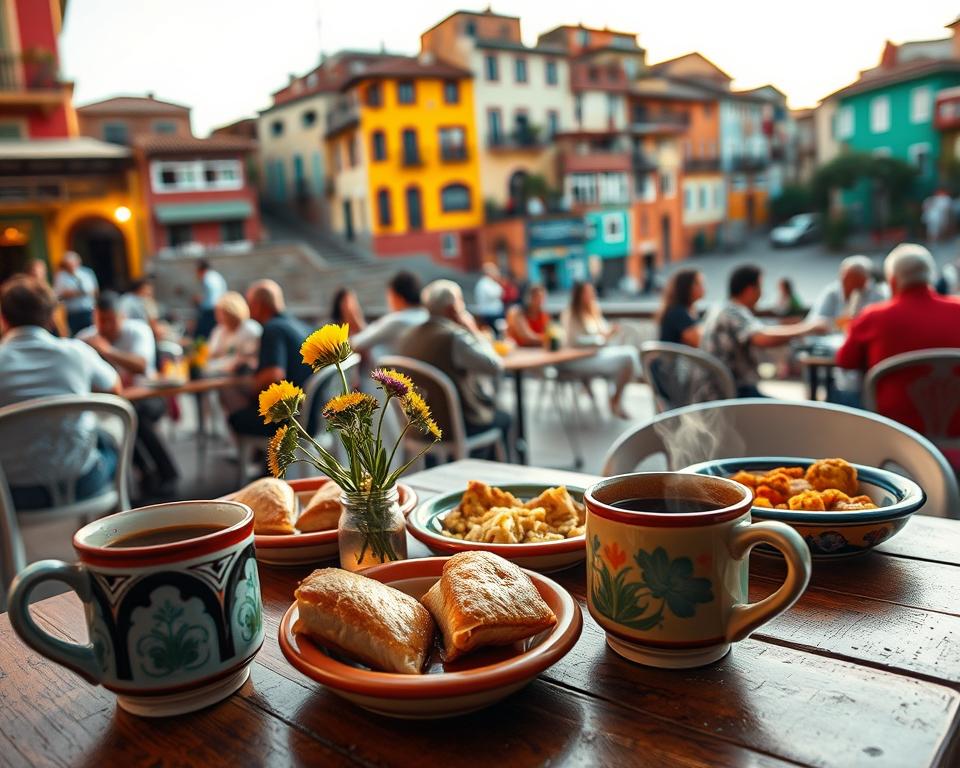 A vibrant scene of a bustling café in Valparaíso, Chile, capturing the essence of local cuisine and culture. In the foreground, a charming outdoor café table adorned with colorful ceramic dishes filled with traditional Chilean dishes like empanadas and pastel de choclo. A steaming mug of rich, dark coffee sits next to a small vase of bright wildflowers. The middle ground features a lively café scene with patrons enjoying their meals, dressed in casual, modest clothing, animatedly chatting. The background showcases the iconic steep hills of Valparaíso, painted in a rainbow of pastel colors, with old, vintage buildings and street art. The soft glow of golden hour sunlight casts a warm ambiance, emphasizing the inviting atmosphere of this culinary jewel. The scene should evoke a sense of warmth, community, and the rich flavors of Valparaíso. A vibrant scene of a bustling café in Valparaíso, Chile, capturing the essence of local cuisine and culture. In the foreground, a charming outdoor café table adorned with colorful ceramic dishes filled with traditional Chilean dishes like empanadas and pastel de choclo. A steaming mug of rich, dark coffee sits next to a small vase of bright wildflowers. The middle ground features a lively café scene with patrons enjoying their meals, dressed in casual, modest clothing, animatedly chatting. The background showcases the iconic steep hills of Valparaíso, painted in a rainbow of pastel colors, with old, vintage buildings and street art. The soft glow of golden hour sunlight casts a warm ambiance, emphasizing the inviting atmosphere of this culinary jewel. The scene should evoke a sense of warmth, community, and the rich flavors of Valparaíso.