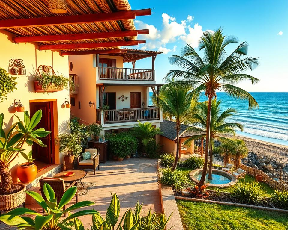 A vibrant scene representing diverse accommodations in Mexico, including a charming boutique hotel, a rustic beach cabana, and a cozy guesthouse. In the foreground, a beautifully furnished patio with tropical plants and soft lighting invites relaxation. The middle layer features the boutique hotel with colorful local decor and a welcoming entrance, alongside a serene beach cabana tucked amidst palm trees. In the background, the gorgeous coastline stretches under a bright blue sky, with gentle waves lapping at the shore. The ambiance is warm and inviting, capturing the essence of Mexico's hospitality. Use natural, golden hour lighting to enhance the picturesque atmosphere, with a wide-angle view that brings depth to the scene.