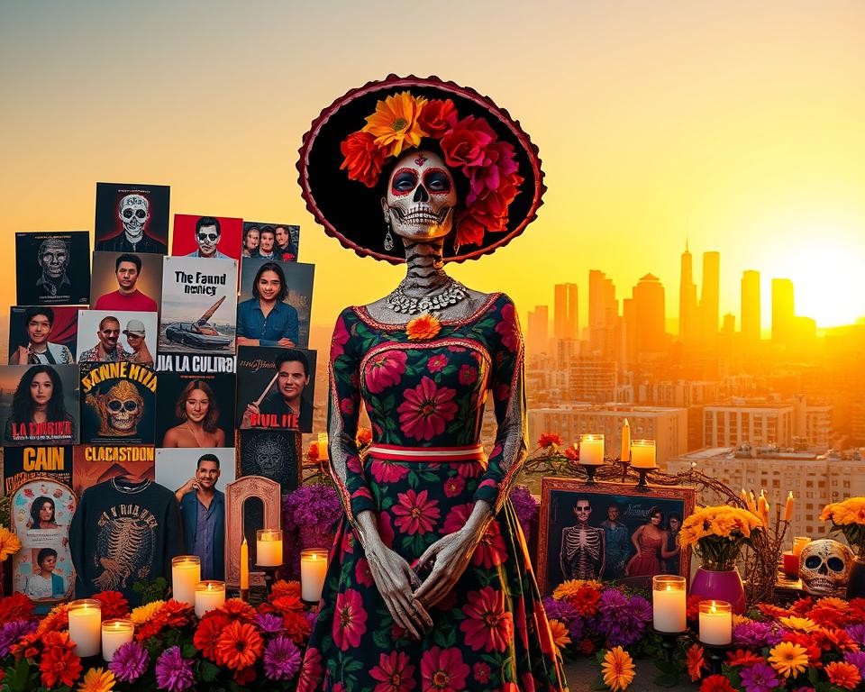 A vibrant scene showcasing "La Catrina," elegantly adorned in traditional Mexican attire with intricate floral patterns, stands confidently in the foreground. Surrounding her are modern pop culture symbols, such as iconic music album covers, popular movie characters, and trendy fashion items, blending the traditional with the contemporary. In the middle ground, a colorful Día de los Muertos altar with candles and marigolds provides a festive backdrop, symbolizing the connection between life and death. The background features a city skyline, illuminated by a soft golden sunset that casts warm lighting, enhancing the celebratory mood. The scene captures the essence of a modern Día de los Muertos celebration, merging cultural heritage with current influences in a harmonious composition. A vibrant scene showcasing "La Catrina," elegantly adorned in traditional Mexican attire with intricate floral patterns, stands confidently in the foreground. Surrounding her are modern pop culture symbols, such as iconic music album covers, popular movie characters, and trendy fashion items, blending the traditional with the contemporary. In the middle ground, a colorful Día de los Muertos altar with candles and marigolds provides a festive backdrop, symbolizing the connection between life and death. The background features a city skyline, illuminated by a soft golden sunset that casts warm lighting, enhancing the celebratory mood. The scene captures the essence of a modern Día de los Muertos celebration, merging cultural heritage with current influences in a harmonious composition.