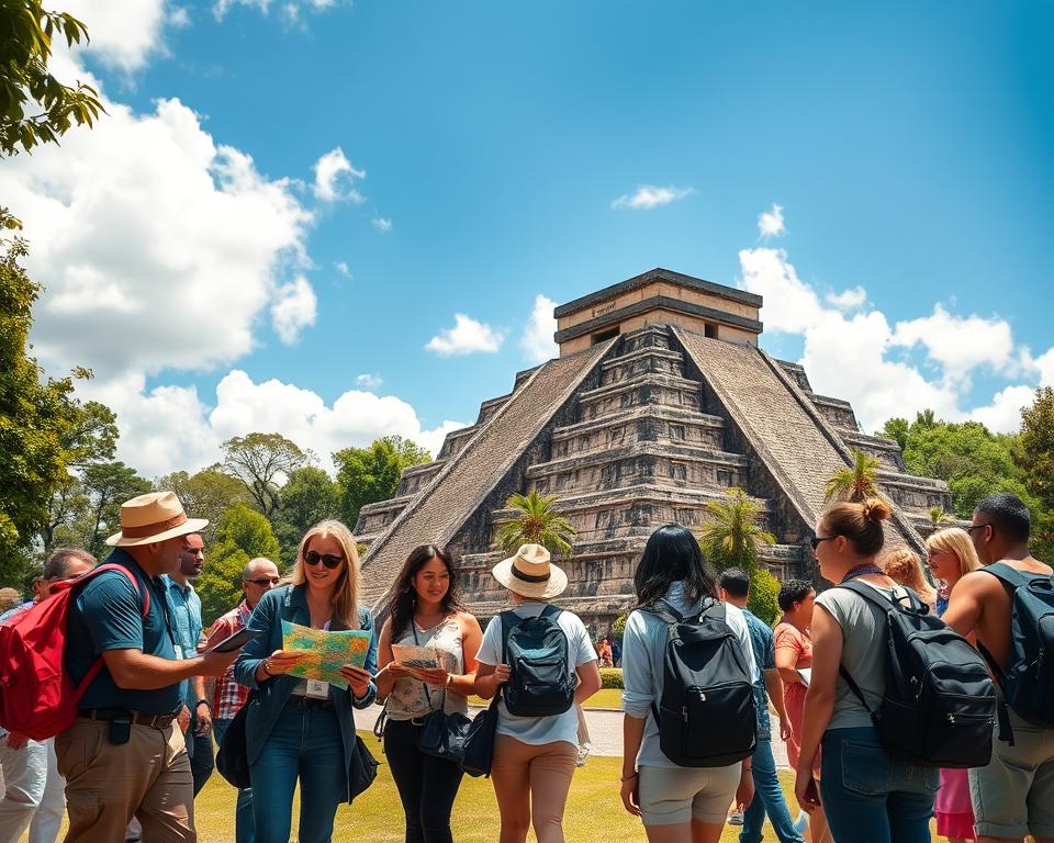 A vibrant scene showcasing a traveler's journey to an ancient Aztec temple. In the foreground, a group of diverse tourists in professional travel attire, engaged in planning their visit, with a map and travel guide in hand. The middle ground features a majestic, intricately carved Aztec temple, its stone structure adorned with lush greenery and vibrant flowers, symbolizing the rich history and culture. In the background, a blue sky peeks through occasional clouds, casting warm sunlight over the scene, creating a sense of adventure. The atmosphere is inviting and educational, with elements that evoke curiosity and respect for ancient civilizations. Capture this scene with a wide-angle lens, focusing on the harmonious blend of nature and architecture, emphasizing the importance of thoughtful travel planning. A vibrant scene showcasing a traveler's journey to an ancient Aztec temple. In the foreground, a group of diverse tourists in professional travel attire, engaged in planning their visit, with a map and travel guide in hand. The middle ground features a majestic, intricately carved Aztec temple, its stone structure adorned with lush greenery and vibrant flowers, symbolizing the rich history and culture. In the background, a blue sky peeks through occasional clouds, casting warm sunlight over the scene, creating a sense of adventure. The atmosphere is inviting and educational, with elements that evoke curiosity and respect for ancient civilizations. Capture this scene with a wide-angle lens, focusing on the harmonious blend of nature and architecture, emphasizing the importance of thoughtful travel planning.