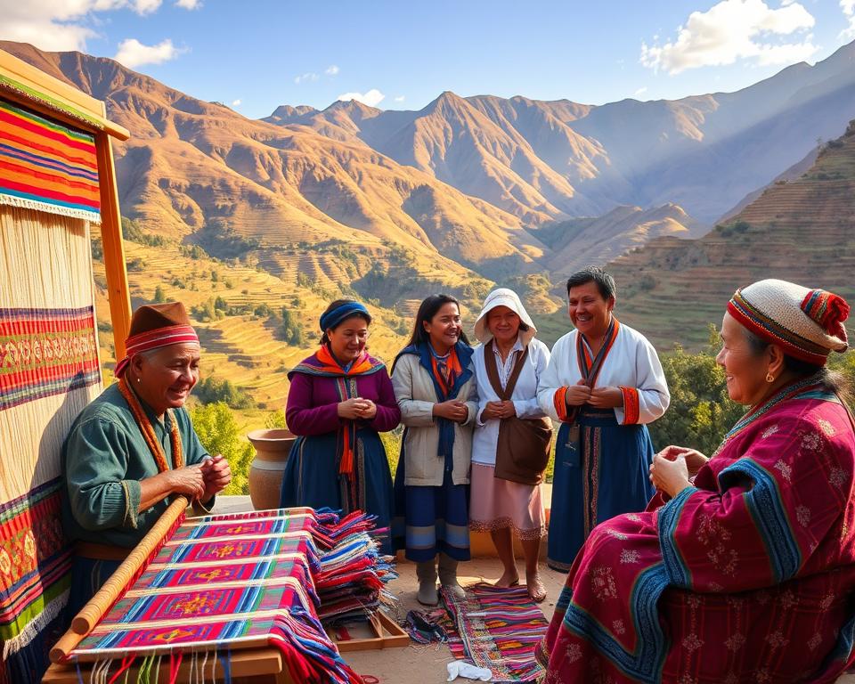 A vibrant scene showcasing the Andean culture of the Sacred Valley in Peru, featuring traditional textile artisans at work in the foreground, skillfully weaving colorful patterns into intricate tapestries. In the middle ground, a group of locals dressed in modest, traditional attire, sharing stories and laughter, encapsulating the essence of community and respect for heritage. The background reveals stunning Andean mountains, bathed in warm golden sunlight, with lush greenery and terraced farmland cascading down the slopes. The atmosphere is lively yet respectful, conveying a sense of wonder and appreciation for rich traditions. Capture this scene using a soft focus lens to enhance the textures of the textiles and the vivid colors, creating a harmonious visual experience that invites exploration. A vibrant scene showcasing the Andean culture of the Sacred Valley in Peru, featuring traditional textile artisans at work in the foreground, skillfully weaving colorful patterns into intricate tapestries. In the middle ground, a group of locals dressed in modest, traditional attire, sharing stories and laughter, encapsulating the essence of community and respect for heritage. The background reveals stunning Andean mountains, bathed in warm golden sunlight, with lush greenery and terraced farmland cascading down the slopes. The atmosphere is lively yet respectful, conveying a sense of wonder and appreciation for rich traditions. Capture this scene using a soft focus lens to enhance the textures of the textiles and the vivid colors, creating a harmonious visual experience that invites exploration.