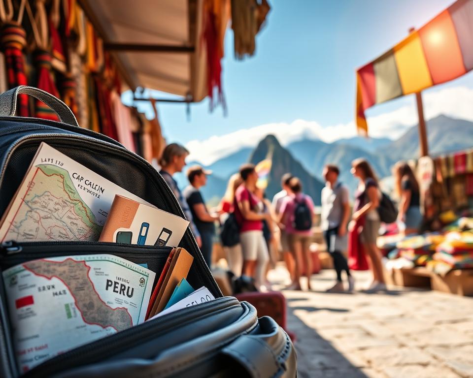 A vibrant scene showcasing the essence of Peru's travel costs, featuring a detailed foreground with a budget traveler's backpack, neatly organized with a map of Peru, currency notes, and traditional Peruvian crafts. In the middle ground, a diverse group of travelers, dressed in modest casual clothing, are discussing travel options at a local market surrounded by colorful textiles and artisan goods. The background displays iconic Peruvian landscapes, including the Andes mountains under a clear blue sky, with a hint of Machu Picchu peeking through the clouds. Soft, warm sunlight bathes the scene, creating an inviting and adventurous atmosphere. The composition is captured from a slightly elevated angle to highlight both the bustling market and the breathtaking scenery.