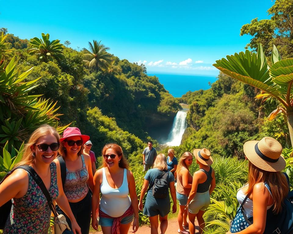 A vibrant scenic view showcasing a day trip from Montezuma, Costa Rica. In the foreground, a diverse group of travelers in modest casual clothing happily exploring a lush, tropical rainforest with vivid green foliage and colorful flowers surrounding them. In the middle ground, a picturesque waterfall cascades down a rocky cliff, glimmering under the sunlight, while a narrow path meanders through the jungle, inviting adventurous exploration. In the background, the blue sky stretches across, dotted with a few fluffy clouds, and hints of the distant coastline can be seen. The lighting is bright and warm, evoking a joyful and adventurous atmosphere, captured from a slightly elevated angle to encompass the stunning natural beauty of the area. A vibrant scenic view showcasing a day trip from Montezuma, Costa Rica. In the foreground, a diverse group of travelers in modest casual clothing happily exploring a lush, tropical rainforest with vivid green foliage and colorful flowers surrounding them. In the middle ground, a picturesque waterfall cascades down a rocky cliff, glimmering under the sunlight, while a narrow path meanders through the jungle, inviting adventurous exploration. In the background, the blue sky stretches across, dotted with a few fluffy clouds, and hints of the distant coastline can be seen. The lighting is bright and warm, evoking a joyful and adventurous atmosphere, captured from a slightly elevated angle to encompass the stunning natural beauty of the area.