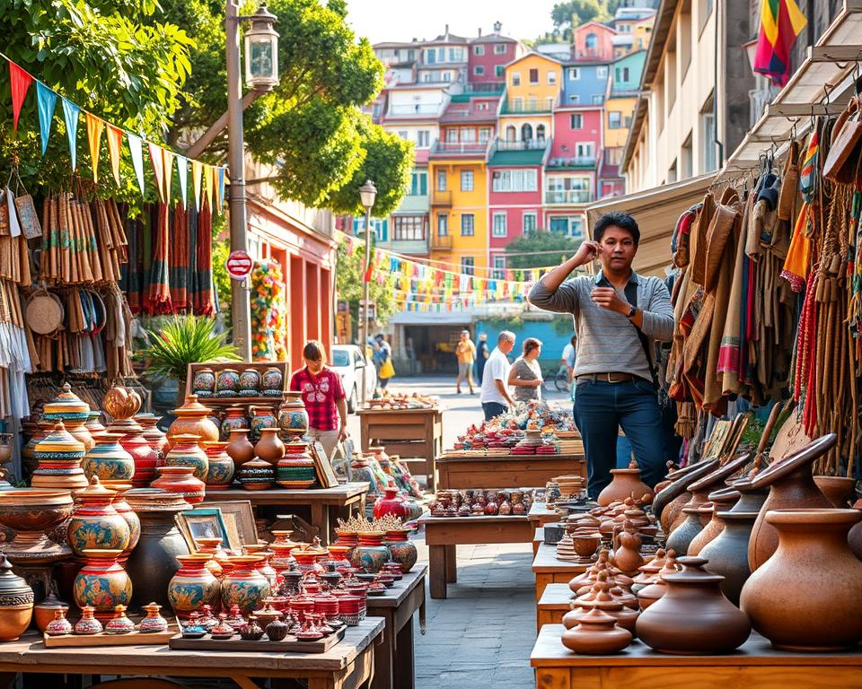A vibrant street market scene in Valparaíso, Chile, showcasing a variety of colorful souvenirs. In the foreground, handcrafted items like pottery, woven textiles, and wooden crafts are artfully arranged on rustic wooden tables. A vendor in modest casual clothing engages with a customer, showcasing a beautiful ceramic piece. The middle ground reveals lively stalls adorned with bright banners, surrounded by lush greenery. In the background, the iconic colorful houses of Valparaíso climb the hillside, bathed in warm afternoon sunlight. The scene is illuminated with soft, golden light, emphasizing the textures of the souvenirs and the atmosphere of local culture and craftsmanship. The composition captures the essence of shopping in Valparaíso, filled with character and charm. A vibrant street market scene in Valparaíso, Chile, showcasing a variety of colorful souvenirs. In the foreground, handcrafted items like pottery, woven textiles, and wooden crafts are artfully arranged on rustic wooden tables. A vendor in modest casual clothing engages with a customer, showcasing a beautiful ceramic piece. The middle ground reveals lively stalls adorned with bright banners, surrounded by lush greenery. In the background, the iconic colorful houses of Valparaíso climb the hillside, bathed in warm afternoon sunlight. The scene is illuminated with soft, golden light, emphasizing the textures of the souvenirs and the atmosphere of local culture and craftsmanship. The composition captures the essence of shopping in Valparaíso, filled with character and charm.