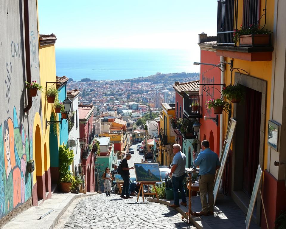 A vibrant street scene from Valparaíso, Chile, showcasing the city's iconic colorful buildings and Victorian architecture. In the foreground, a narrow cobblestone alley adorned with vibrant murals and hanging plants, inviting exploration. The middle ground features local artists painting and showcasing their work, their modest casual clothing reflecting the artistic spirit of the area. The background reveals a panoramic view of the city's rolling hills, with the Pacific Ocean glistening under a clear blue sky. Soft, warm sunlight bathes the scene, creating an inviting atmosphere. Capture this image using a wide-angle lens to emphasize the depth and colors, highlighting the charm and character of Valparaíso's unique neighborhoods.