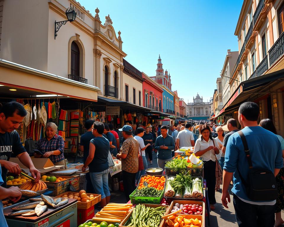 A vibrant street scene in Lima, Peru, showcasing a bustling market filled with colorful fresh produce and traditional Peruvian dishes. In the foreground, a diverse group of people enjoying local street food, dressed in modest casual clothing. To the left, a vendor passionately prepares ceviche, surrounded by fresh fish and lime, while people gather around, intrigued by the flavors. The middle ground features lively stalls selling artisan crafts and traditional textiles, with the backdrop of Lima's colonial architecture under a bright blue sky. Soft, warm sunlight casts gentle shadows, creating an inviting atmosphere. Capture the essence of local culture and daily life, highlighting the city’s charm and hospitality, while ensuring a sense of security and community.