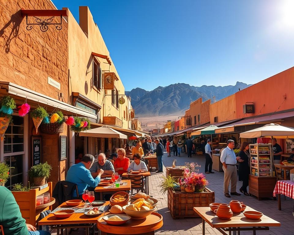 A vibrant street scene in San Pedro de Atacama, showcasing a variety of local restaurants lined with rustic adobe buildings and colorful decorations. In the foreground, a cozy restaurant terrace filled with patrons enjoying traditional Chilean dishes, such as empanadas and pastel de choclo, with clay dishes and colorful table settings. The middle ground includes a bustling market with local vendors selling fresh produce and handicrafts, creating an inviting atmosphere. The background features the stunning Andes mountains under a clear blue sky, casting warm sunlight over the scenery. Capture this lively ambiance with bright colors and a slightly elevated perspective, emphasizing depth and life in this unique desert town. The mood should be festive and welcoming, filled with the aromas and sounds of local cuisine.