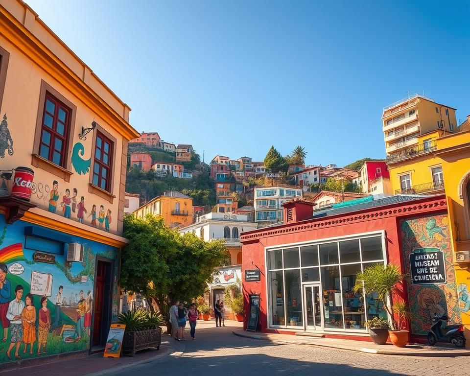 A vibrant street scene in Valparaíso, Chile, showcasing its rich cultural heritage and artistic spirit. In the foreground, a colorful mural adorns a vintage building, depicting local folklore and vivid scenes of everyday life. In the middle ground, a charming museum with large glass windows invites visitors, surrounded by lush greenery and eclectic street art. The background features the iconic hills of Valparaíso, dotted with brightly painted houses stacked upon each other under a clear blue sky. The lighting is warm and inviting, capturing the golden hour's glow. The mood is lively yet serene, reflecting the creativity and warmth of the city. The image is taken from a slightly elevated angle to encompass the bustling street life while focusing on the cultural elements. A vibrant street scene in Valparaíso, Chile, showcasing its rich cultural heritage and artistic spirit. In the foreground, a colorful mural adorns a vintage building, depicting local folklore and vivid scenes of everyday life. In the middle ground, a charming museum with large glass windows invites visitors, surrounded by lush greenery and eclectic street art. The background features the iconic hills of Valparaíso, dotted with brightly painted houses stacked upon each other under a clear blue sky. The lighting is warm and inviting, capturing the golden hour's glow. The mood is lively yet serene, reflecting the creativity and warmth of the city. The image is taken from a slightly elevated angle to encompass the bustling street life while focusing on the cultural elements.