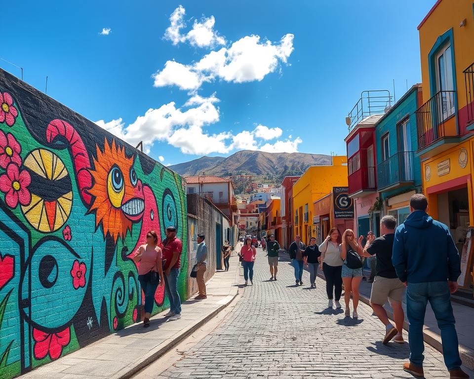 A vibrant street scene in Valparaíso, Chile, showcasing stunning street art and murals. In the foreground, a colorful mural of a whimsical, fantastical creature fills the wall, surrounded by blooming flowers and geometric patterns. Diverse people, dressed in casual clothing, admire the artwork and take photos, adding life to the scene. The middle ground features narrow cobblestone streets, lined with unique, brightly painted buildings and shops, inviting exploration. In the background, the iconic hills of Valparaíso rise majestically under a sunny blue sky, with a few clouds casting gentle shadows. The atmosphere is lively and artistic, infused with a sense of discovery and cultural richness. The lighting emphasizes the vibrant colors of the murals, enhancing the overall mood of creativity and urban charm. A vibrant street scene in Valparaíso, Chile, showcasing stunning street art and murals. In the foreground, a colorful mural of a whimsical, fantastical creature fills the wall, surrounded by blooming flowers and geometric patterns. Diverse people, dressed in casual clothing, admire the artwork and take photos, adding life to the scene. The middle ground features narrow cobblestone streets, lined with unique, brightly painted buildings and shops, inviting exploration. In the background, the iconic hills of Valparaíso rise majestically under a sunny blue sky, with a few clouds casting gentle shadows. The atmosphere is lively and artistic, infused with a sense of discovery and cultural richness. The lighting emphasizes the vibrant colors of the murals, enhancing the overall mood of creativity and urban charm.