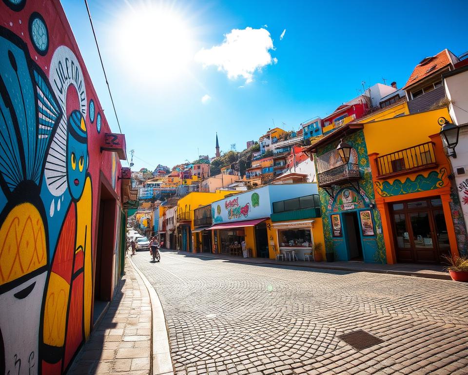 A vibrant street scene in Valparaíso, Chile, showcasing the city's famous street art. In the foreground, a mural bursts with color depicting abstract shapes and local cultural motifs, under warm afternoon sunlight filtering through the streets. In the middle ground, cobblestone paths lead to charming houses adorned with vibrant hues of blue, yellow, and orange, interspersed with small cafes and artisan shops. The background features steep hills blanketed in more murals, creating a kaleidoscope of colors that define this unique city. A radiant blue sky with a few fluffy clouds adds depth to the scene, enhancing the lively atmosphere. Capture the essence of Valparaíso as a colorful Gesamtkunstwerk, reflecting its artistic spirit and cultural vibrancy. Use a wide-angle lens for a dynamic view, and ensure the lighting highlights the textures of the artworks. A vibrant street scene in Valparaíso, Chile, showcasing the city's famous street art. In the foreground, a mural bursts with color depicting abstract shapes and local cultural motifs, under warm afternoon sunlight filtering through the streets. In the middle ground, cobblestone paths lead to charming houses adorned with vibrant hues of blue, yellow, and orange, interspersed with small cafes and artisan shops. The background features steep hills blanketed in more murals, creating a kaleidoscope of colors that define this unique city. A radiant blue sky with a few fluffy clouds adds depth to the scene, enhancing the lively atmosphere. Capture the essence of Valparaíso as a colorful Gesamtkunstwerk, reflecting its artistic spirit and cultural vibrancy. Use a wide-angle lens for a dynamic view, and ensure the lighting highlights the textures of the artworks.