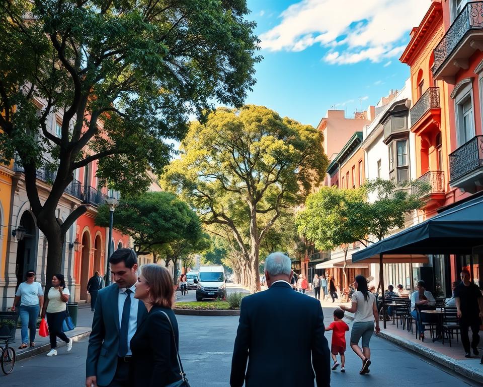 A vibrant street scene in a safe neighborhood of Buenos Aires, featuring charming residential buildings with colorful facades, lush trees lining the streets, and people walking leisurely. In the foreground, a couple dressed in professional business attire is engaged in conversation, exuding a sense of security and community. In the middle ground, children play in a small park while adults enjoy outdoor cafés, creating a lively atmosphere. The background showcases typical Buenos Aires architecture under a bright blue sky with soft, natural sunlight illuminating the scene. The mood is inviting and peaceful, emphasizing the charm of the safer districts in the city. Use a wide-angle lens to capture the depth of the street, ensuring a warm and welcoming ambiance. A vibrant street scene in a safe neighborhood of Buenos Aires, featuring charming residential buildings with colorful facades, lush trees lining the streets, and people walking leisurely. In the foreground, a couple dressed in professional business attire is engaged in conversation, exuding a sense of security and community. In the middle ground, children play in a small park while adults enjoy outdoor cafés, creating a lively atmosphere. The background showcases typical Buenos Aires architecture under a bright blue sky with soft, natural sunlight illuminating the scene. The mood is inviting and peaceful, emphasizing the charm of the safer districts in the city. Use a wide-angle lens to capture the depth of the street, ensuring a warm and welcoming ambiance.