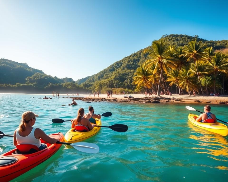 A vibrant, sunlit scene illustrating outdoor activities in Quepos, Costa Rica, focuses on a lush coastal landscape. In the foreground, a small group of tourists in modest casual clothing is kayaking on a calm ocean, their colorful kayaks contrasting with the turquoise water. The middle ground showcases a picturesque beach with people enjoying beach volleyball and exploring tidal pools, while palm trees sway gently in the soft breeze. In the background, the dense greenery of Manuel Antonio National Park rises against the bright blue sky, hinting at adventure. The lighting is warm and inviting, suggesting late afternoon, with soft shadows creating a relaxed atmosphere. A wide-angle perspective captures the beauty of nature and the energy of the activities. A vibrant, sunlit scene illustrating outdoor activities in Quepos, Costa Rica, focuses on a lush coastal landscape. In the foreground, a small group of tourists in modest casual clothing is kayaking on a calm ocean, their colorful kayaks contrasting with the turquoise water. The middle ground showcases a picturesque beach with people enjoying beach volleyball and exploring tidal pools, while palm trees sway gently in the soft breeze. In the background, the dense greenery of Manuel Antonio National Park rises against the bright blue sky, hinting at adventure. The lighting is warm and inviting, suggesting late afternoon, with soft shadows creating a relaxed atmosphere. A wide-angle perspective captures the beauty of nature and the energy of the activities.