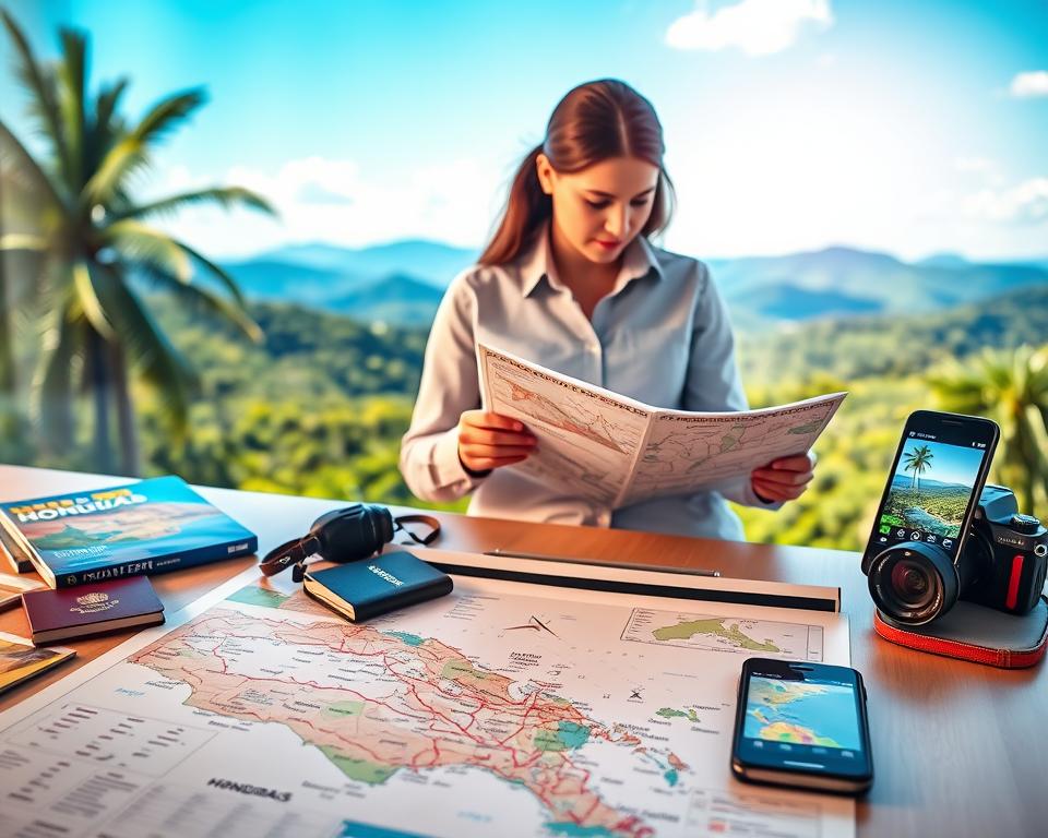 A vibrant travel advisory image focusing on Honduras, reflecting safety and information. In the foreground, a well-organized travel desk showcasing a detailed map of Honduras, travel brochures, and essential travel items like a passport, camera, and a phone displaying a GPS navigation app. In the middle ground, a professional-looking person dressed in business casual attire is examining the map, representing an informed traveler. The background features a scenic view of a colorful Honduran landscape, including tropical greenery and mountains under a bright blue sky. The lighting is warm and inviting, creating an atmosphere of exploration and safety. The overall mood conveys a sense of preparedness and adventure, suitable for travel guidance. A vibrant travel advisory image focusing on Honduras, reflecting safety and information. In the foreground, a well-organized travel desk showcasing a detailed map of Honduras, travel brochures, and essential travel items like a passport, camera, and a phone displaying a GPS navigation app. In the middle ground, a professional-looking person dressed in business casual attire is examining the map, representing an informed traveler. The background features a scenic view of a colorful Honduran landscape, including tropical greenery and mountains under a bright blue sky. The lighting is warm and inviting, creating an atmosphere of exploration and safety. The overall mood conveys a sense of preparedness and adventure, suitable for travel guidance.