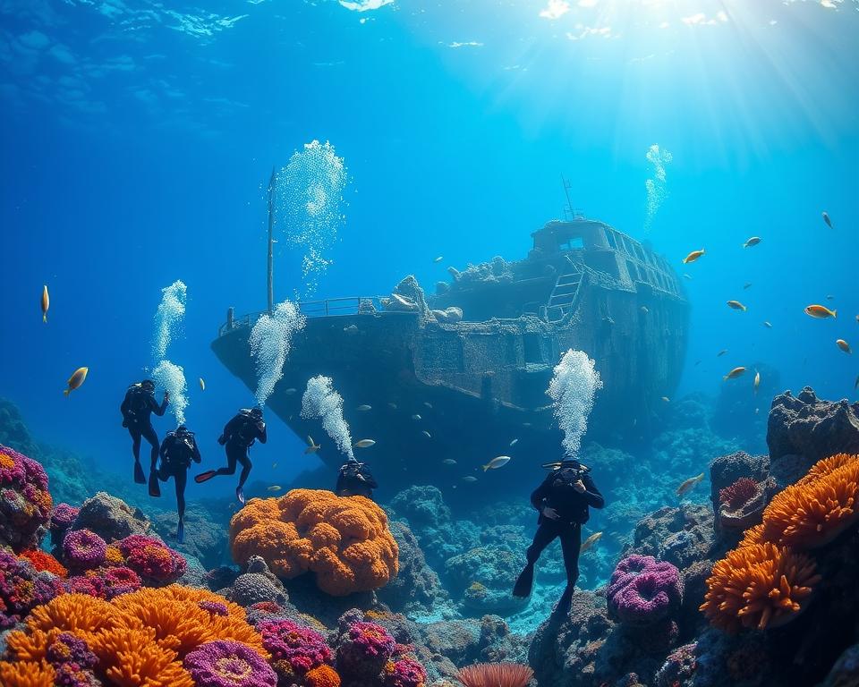 A vibrant underwater scene depicting a Cozumel reef dive, showcasing majestic coral formations in shades of blue, orange, and purple. In the foreground, a group of diver figures in professional diving suits explore the vibrant underwater landscape, creating bubbles as they swim among tropical fish. The middle ground features a sunken shipwreck adorned with marine life, surrounded by colorful corals and sea plants. In the background, rays of sunlight filter through the crystal-clear water, illuminating the scene and highlighting the beauty of the marine ecosystem. The atmosphere is serene and adventurous, capturing the essence of a diver's paradise, with soft lighting emphasizing the tranquility of the underwater world. A vibrant underwater scene depicting a Cozumel reef dive, showcasing majestic coral formations in shades of blue, orange, and purple. In the foreground, a group of diver figures in professional diving suits explore the vibrant underwater landscape, creating bubbles as they swim among tropical fish. The middle ground features a sunken shipwreck adorned with marine life, surrounded by colorful corals and sea plants. In the background, rays of sunlight filter through the crystal-clear water, illuminating the scene and highlighting the beauty of the marine ecosystem. The atmosphere is serene and adventurous, capturing the essence of a diver's paradise, with soft lighting emphasizing the tranquility of the underwater world.