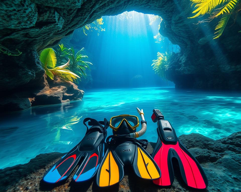 A vibrant underwater scene showcasing diving equipment specifically for cenote exploration in Mexico. In the foreground, display a neatly arranged set of scuba gear: fins, a wetsuit, a diving mask, and a buoyancy control device, all in rich colors. In the middle ground, show a partially submerged cenote with crystalline blue waters, limestone formations, and lush tropical vegetation surrounding the opening. The background features underwater light rays filtering through the water, creating a serene and magical atmosphere. The scene is illuminated with soft, natural lighting, evoking a sense of adventure and tranquility, reminiscent of a diver's paradise. The angle should be slightly elevated, capturing both the gear and the enchanting underwater environment clearly. A vibrant underwater scene showcasing diving equipment specifically for cenote exploration in Mexico. In the foreground, display a neatly arranged set of scuba gear: fins, a wetsuit, a diving mask, and a buoyancy control device, all in rich colors. In the middle ground, show a partially submerged cenote with crystalline blue waters, limestone formations, and lush tropical vegetation surrounding the opening. The background features underwater light rays filtering through the water, creating a serene and magical atmosphere. The scene is illuminated with soft, natural lighting, evoking a sense of adventure and tranquility, reminiscent of a diver's paradise. The angle should be slightly elevated, capturing both the gear and the enchanting underwater environment clearly.
