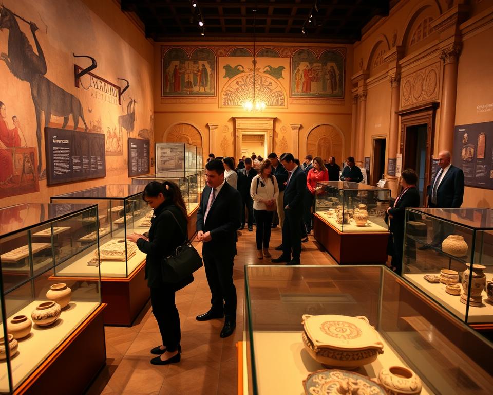 A vibrant, well-lit interior of the Museum of Archaeology in Peru, showcasing exquisite artifacts from ancient Peruvian civilizations. In the foreground, detailed glass display cases exhibit intricate pottery and textiles, illuminated by soft, warm lighting. The middle ground features visitors, including individuals in professional attire and families dressed in modest casual clothing, engaging with the exhibits and studying informative placards. The background reveals elegantly designed walls adorned with ancient murals and the museum's architectural details, capturing the essence of historical significance. The atmosphere is immersive and educational, evoking a sense of discovery and reverence for the rich cultural heritage of Peru. The perspective is slightly elevated, providing a wide-angle view of the museum's interior, accentuating the depth and layout of the space. A vibrant, well-lit interior of the Museum of Archaeology in Peru, showcasing exquisite artifacts from ancient Peruvian civilizations. In the foreground, detailed glass display cases exhibit intricate pottery and textiles, illuminated by soft, warm lighting. The middle ground features visitors, including individuals in professional attire and families dressed in modest casual clothing, engaging with the exhibits and studying informative placards. The background reveals elegantly designed walls adorned with ancient murals and the museum's architectural details, capturing the essence of historical significance. The atmosphere is immersive and educational, evoking a sense of discovery and reverence for the rich cultural heritage of Peru. The perspective is slightly elevated, providing a wide-angle view of the museum's interior, accentuating the depth and layout of the space.
