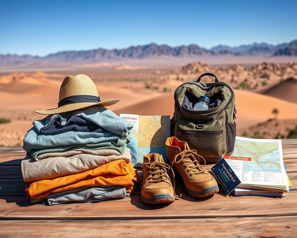 A visually appealing, organized packing list for a trip to the Atacama Desert, displayed on a rustic wooden table. In the foreground, neatly folded lightweight clothing suitable for hot days and cold nights, including breathable shirts, durable pants, and a wide-brimmed hat. A sturdy pair of hiking boots sits alongside a compact backpack filled with essential gear like a water bottle, sunscreen, and a first-aid kit. The middle ground features vibrant, colorful trekking maps and a travel journal, inviting adventure. In the background, the striking landscapes of the Atacama Desert can be seen, with arid, sandy dunes and distant mountains under a clear blue sky. Soft, natural lighting enhances the earthy tones, creating a warm and inviting atmosphere for preparation and exploration.