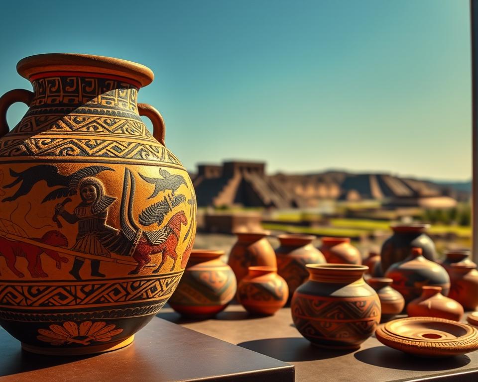 A vivid representation of Moche ceramic art, showcasing intricate designs and vivid colors. In the foreground, display a beautifully crafted clay pot adorned with detailed figural scenes depicting warriors and mythical creatures. The middle ground features a collection of smaller pottery pieces, displaying diverse patterns and shapes, arranged artistically. The background includes a faint outline of a Moche archaeological site, hinting at monumental structures like temples and pyramids under a clear blue sky. The lighting is warm and inviting, casting gentle shadows that emphasize the textures of the ceramics. Capture an atmosphere of rich cultural heritage and craftsmanship, focusing on the mastery of the Moche civilization, without any text or watermarks. A vivid representation of Moche ceramic art, showcasing intricate designs and vivid colors. In the foreground, display a beautifully crafted clay pot adorned with detailed figural scenes depicting warriors and mythical creatures. The middle ground features a collection of smaller pottery pieces, displaying diverse patterns and shapes, arranged artistically. The background includes a faint outline of a Moche archaeological site, hinting at monumental structures like temples and pyramids under a clear blue sky. The lighting is warm and inviting, casting gentle shadows that emphasize the textures of the ceramics. Capture an atmosphere of rich cultural heritage and craftsmanship, focusing on the mastery of the Moche civilization, without any text or watermarks.
