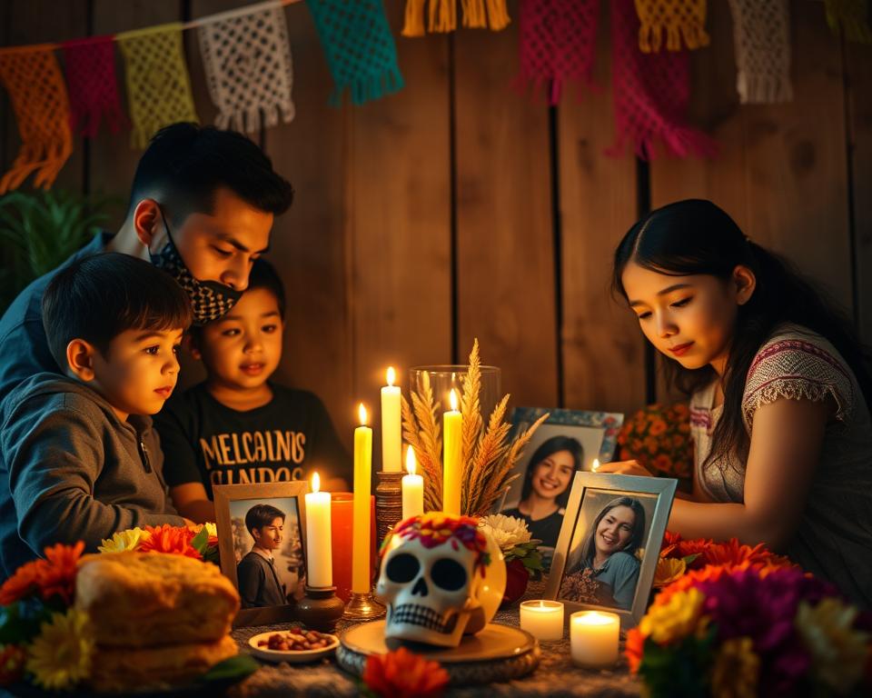 A warm, intimate scene depicting a traditional Mexican family ritual for Día de los Muertos. In the foreground, a family of four—two adults and two children—ages ranging from 5 to 40, gathered around a beautifully decorated altar, adorned with marigolds, candles, and photographs of loved ones. The middle ground features traditional bread (pan de muerto) and a calavera (sugar skull) in vibrant colors. Soft, golden candlelight illuminates their faces, capturing a sense of reverence and togetherness. In the background, a rustic wooden wall with colorful papel picado banners fluttering softly. The mood is reflective and celebratory, emphasizing the bond and cultural significance of remembering loved ones. Use a slightly blurred background effect with a shallow depth of field, shot with a warm tone to enhance the intimate atmosphere. A warm, intimate scene depicting a traditional Mexican family ritual for Día de los Muertos. In the foreground, a family of four—two adults and two children—ages ranging from 5 to 40, gathered around a beautifully decorated altar, adorned with marigolds, candles, and photographs of loved ones. The middle ground features traditional bread (pan de muerto) and a calavera (sugar skull) in vibrant colors. Soft, golden candlelight illuminates their faces, capturing a sense of reverence and togetherness. In the background, a rustic wooden wall with colorful papel picado banners fluttering softly. The mood is reflective and celebratory, emphasizing the bond and cultural significance of remembering loved ones. Use a slightly blurred background effect with a shallow depth of field, shot with a warm tone to enhance the intimate atmosphere.