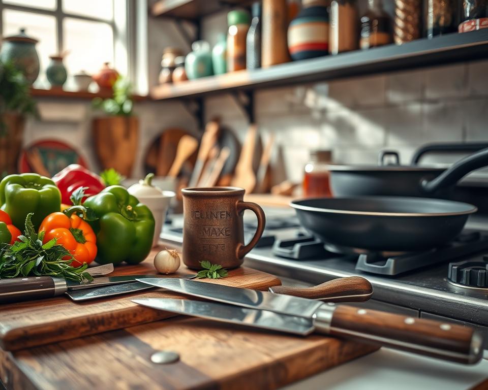 A well-organized Argentinian kitchen setup, featuring an array of traditional cooking tools and accessories. In the foreground, a rustic wooden cutting board holds fresh ingredients like vibrant bell peppers, onions, and herbs. A set of durable stainless steel knives rests beside it, showcasing their gleaming blades. In the middle ground, a hand-crafted mate cup with a bombilla, and an elegant cast-iron grill pan invitingly placed on a vintage stove. The background reveals shelves adorned with colorful ceramics and spice jars, creating a warm and inviting atmosphere. Soft, natural lighting filters through a window, casting gentle shadows that enhance the inviting ambiance. The scene embodies the essence of Argentine culinary passion, encouraging home cooking and enjoyment of traditional dishes. A well-organized Argentinian kitchen setup, featuring an array of traditional cooking tools and accessories. In the foreground, a rustic wooden cutting board holds fresh ingredients like vibrant bell peppers, onions, and herbs. A set of durable stainless steel knives rests beside it, showcasing their gleaming blades. In the middle ground, a hand-crafted mate cup with a bombilla, and an elegant cast-iron grill pan invitingly placed on a vintage stove. The background reveals shelves adorned with colorful ceramics and spice jars, creating a warm and inviting atmosphere. Soft, natural lighting filters through a window, casting gentle shadows that enhance the inviting ambiance. The scene embodies the essence of Argentine culinary passion, encouraging home cooking and enjoyment of traditional dishes.