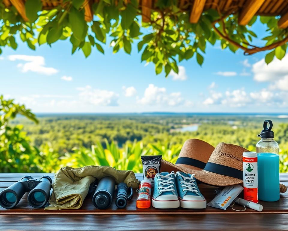 A well-organized packing list for exploring Tortuguero National Park in Costa Rica, visually depicted on a wooden picnic table. In the foreground, a colorful array of essential items like binoculars, a lightweight rain jacket, sturdy hiking shoes, a reusable water bottle, a tropical hat, and insect repellent. In the middle ground, lush green rainforest foliage and a serene glimpse of Tortuguero’s canals, showcasing the rich biodiversity. The background features a clear blue sky dotted with soft clouds, hinting at a sunny day perfect for adventure. The lighting is bright yet soft, illuminating the scene with a cheerful and inviting atmosphere. Capture the essence of preparation and excitement for a tropical exploration.