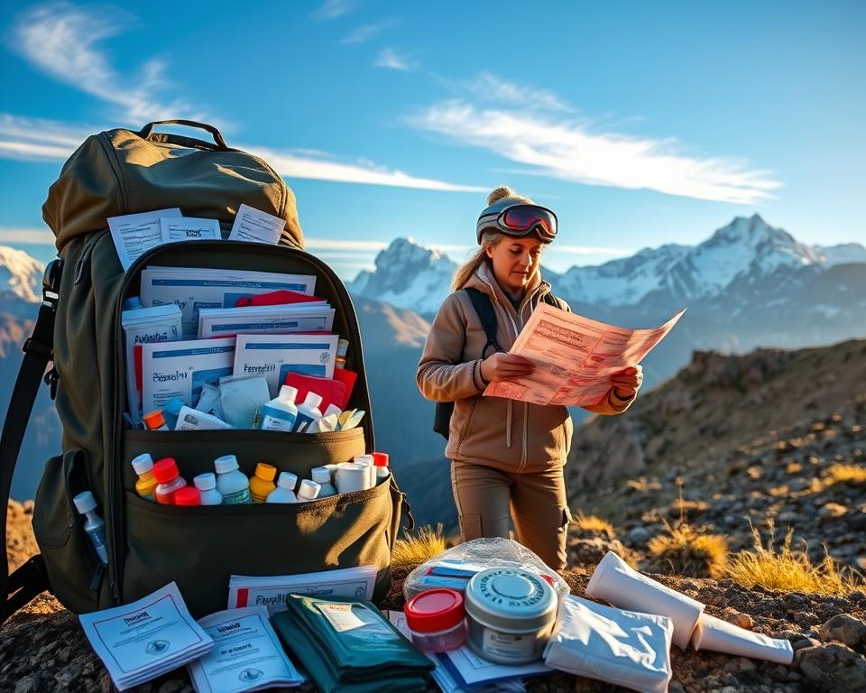 A well-organized travel pharmacy set against the breathtaking backdrop of the Andes mountains. In the foreground, a sturdy backpack brimming with essential medical supplies like band-aids, antiseptics, and blister treatments. In the middle, a professional healthcare worker, dressed in modest, casual outdoor attire, examining a map for remote trekking routes, embodying preparedness. In the background, majestic snow-capped peaks rise under a clear blue sky, with wispy clouds softly floating by. The scene captures golden hour lighting, casting warm tones and gentle shadows, instilling a sense of adventure and safety in the high mountain landscapes. The atmosphere is serene yet invigorating, inviting viewers to explore the beauty of the Andes while ensuring their health and safety. A well-organized travel pharmacy set against the breathtaking backdrop of the Andes mountains. In the foreground, a sturdy backpack brimming with essential medical supplies like band-aids, antiseptics, and blister treatments. In the middle, a professional healthcare worker, dressed in modest, casual outdoor attire, examining a map for remote trekking routes, embodying preparedness. In the background, majestic snow-capped peaks rise under a clear blue sky, with wispy clouds softly floating by. The scene captures golden hour lighting, casting warm tones and gentle shadows, instilling a sense of adventure and safety in the high mountain landscapes. The atmosphere is serene yet invigorating, inviting viewers to explore the beauty of the Andes while ensuring their health and safety.
