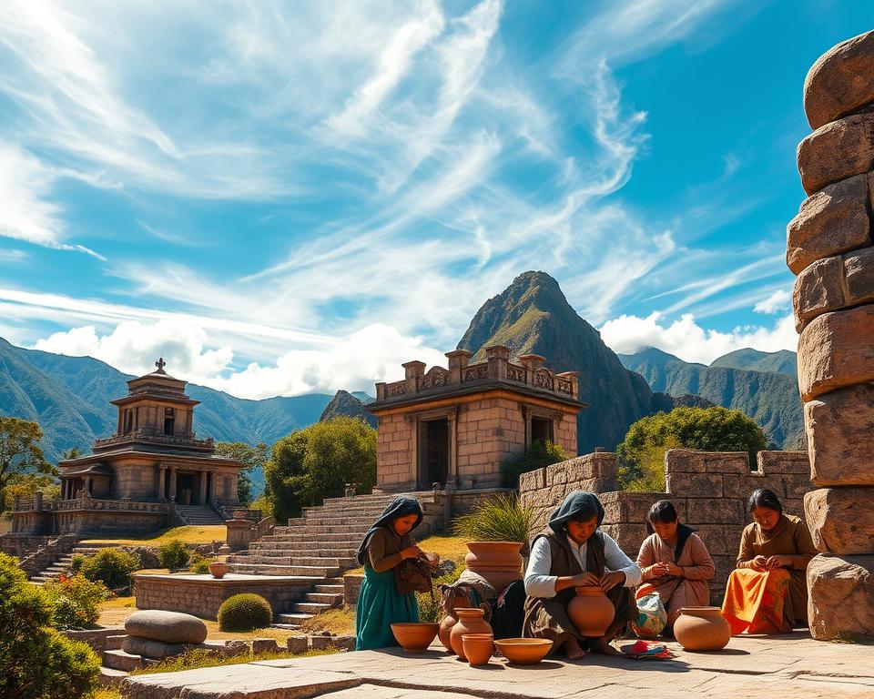 An ancient Peruvian high culture scene showcasing intricate stone architecture with a majestic temple in the foreground, surrounded by lush greenery. In the middle ground, artisans in modest traditional clothing engage in crafting pottery and textiles, their skilled hands busy with vibrant materials. The background features stunning Andes mountains, covered with wispy clouds under a bright blue sky. Natural sunlight bathes the scene, creating warm highlights and soft shadows, enhancing the textures of the stone and fabric. The overall atmosphere is one of rich cultural heritage, evoking a sense of history and reverence for the prosperity of ancient Peru. An ancient Peruvian high culture scene showcasing intricate stone architecture with a majestic temple in the foreground, surrounded by lush greenery. In the middle ground, artisans in modest traditional clothing engage in crafting pottery and textiles, their skilled hands busy with vibrant materials. The background features stunning Andes mountains, covered with wispy clouds under a bright blue sky. Natural sunlight bathes the scene, creating warm highlights and soft shadows, enhancing the textures of the stone and fabric. The overall atmosphere is one of rich cultural heritage, evoking a sense of history and reverence for the prosperity of ancient Peru.