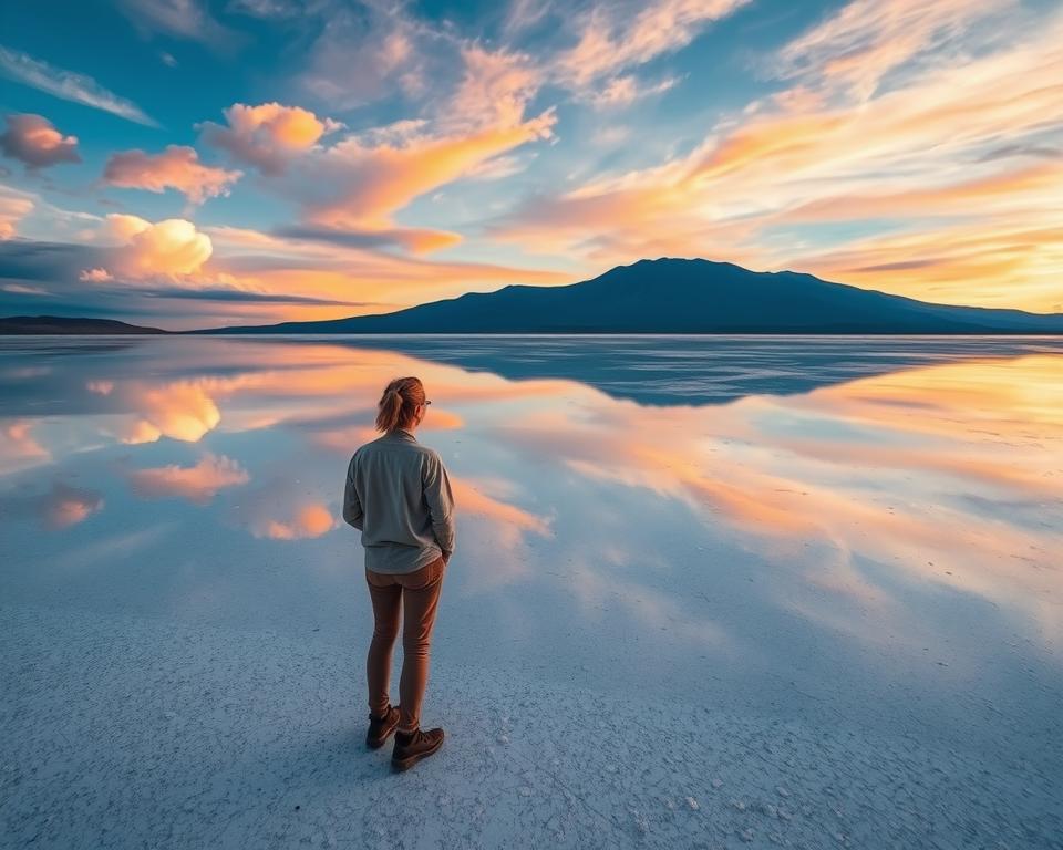 An expansive view of the Uyuni Salt Flats in Bolivia during the rainy season, showcasing the breathtaking mirror effect created by the shallow water. In the foreground, a person dressed in modest casual clothing stands on the salt crust, admiring the surreal reflection of colorful clouds and the vast sky above. The middle section captures the shimmering water reflecting the dramatic mountain range in the distance, with a gradient of blues and purples in the sky during sunset. Soft, warm lighting casts a dreamlike quality over the scene, enhancing the serene atmosphere. The overall composition should evoke a sense of wonder and tranquility, inviting viewers to explore the enchanting beauty of this unique landscape.