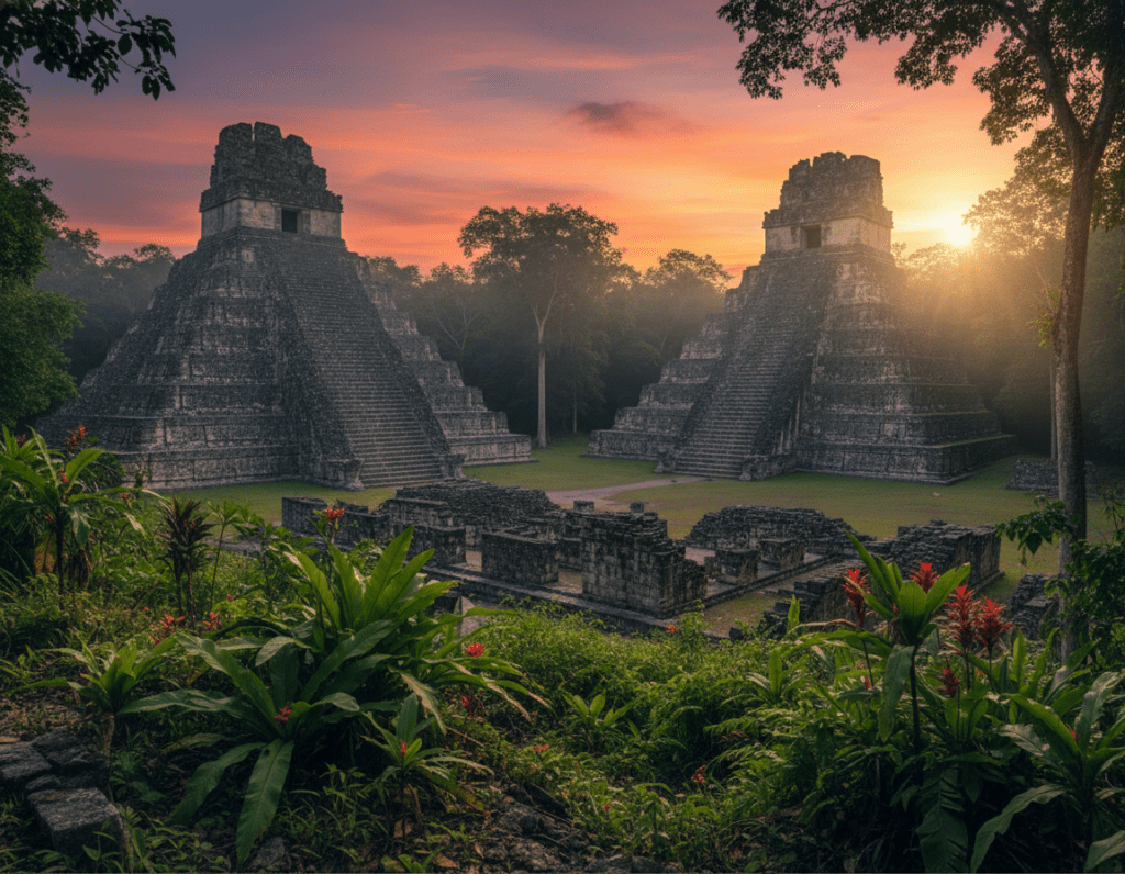 Ancient Maya ruins of Tikal National Park rise majestically from the lush rainforest, captured at sunset. In the foreground, vibrant green foliage with tropical plants and ferns, while shadowy remnants of structures peek through the dense undergrowth. The middle ground showcases the iconic Temple I and Temple II, their stone steps leading to intricately carved facades, partially enveloped in mist. In the background, towering trees stretch towards a pink and orange sky, filtered sunlight casting warm hues over the scene. A sense of mystery and discovery permeates the air, inviting exploration of this hidden gem in Central America. The composition is shot with a wide-angle lens to emphasize the grandeur of the ruins within their jungle setting, creating an awe-inspiring atmosphere. Ancient Maya ruins of Tikal National Park rise majestically from the lush rainforest, captured at sunset. In the foreground, vibrant green foliage with tropical plants and ferns, while shadowy remnants of structures peek through the dense undergrowth. The middle ground showcases the iconic Temple I and Temple II, their stone steps leading to intricately carved facades, partially enveloped in mist. In the background, towering trees stretch towards a pink and orange sky, filtered sunlight casting warm hues over the scene. A sense of mystery and discovery permeates the air, inviting exploration of this hidden gem in Central America. The composition is shot with a wide-angle lens to emphasize the grandeur of the ruins within their jungle setting, creating an awe-inspiring atmosphere.