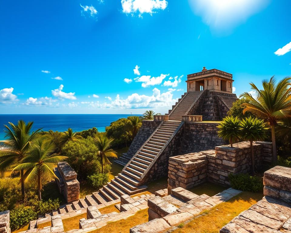 Ancient Mayan ruins in Tulum, showcasing the iconic temple structure against a backdrop of vibrant blue sky and lush greenery. In the foreground, intricately carved stone steps leading up to a majestic temple, surrounded by tropical plants and sunlight filtering through the trees. The middle ground features a large stone building with characteristic Maya architecture, complete with decorative elements and a panoramic view of the Caribbean Sea. In the background, the endless ocean stretches to the horizon. Capture the scene during golden hour, with soft warm lighting illuminating the structures, creating an enchanting, tranquil atmosphere. The image should evoke a sense of history and wonder, ideal for illustrating the beauty and significance of Tulum's cultural heritage.