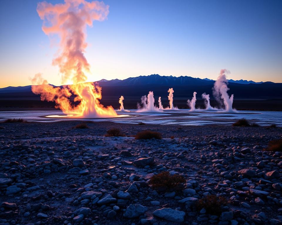 Geysers of El Tatio in the Atacama Desert at sunrise, showcasing multiple plumes of steam rising from the geothermal field. In the foreground, shimmering rocky terrain is dotted with patches of sparse vegetation. The middle ground features the iconic geysers, surrounded by a frosty landscape, capturing the moment as the first rays of golden sunlight illuminate the steam. The background reveals the stunning Andes mountains, bathed in soft hues of pink and orange, with a crystal-clear sky transitioning from dark blue to vibrant dawn colors. The atmosphere is serene yet awe-inspiring, inviting exploration and adventure. Use a wide-angle lens to emphasize the expansive scenery and capture the mystical quality of this high-altitude experience.