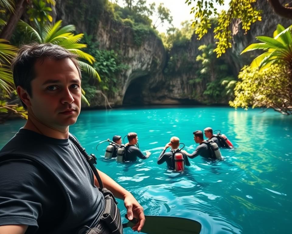 In a serene cenote surrounded by lush tropical vegetation, a professional diving guide is seen in modest casual clothing, demonstrating the equipment to a small group of divers. The foreground captures the guide's focused expression, showcasing high-quality diving gear, while the middle layer features the intrigued divers preparing for their experience. The serene turquoise water glistens in soft natural sunlight, creating a tranquil atmosphere. In the background, limestone cliffs rise dramatically, partially shaded by vibrant green foliage, with hints of sunlight breaking through the canopy. The overall mood is one of excitement and professionalism in the adventure of exploring the underwater world, captured with a wide-angle lens to emphasize the beauty of the cenote. In a serene cenote surrounded by lush tropical vegetation, a professional diving guide is seen in modest casual clothing, demonstrating the equipment to a small group of divers. The foreground captures the guide's focused expression, showcasing high-quality diving gear, while the middle layer features the intrigued divers preparing for their experience. The serene turquoise water glistens in soft natural sunlight, creating a tranquil atmosphere. In the background, limestone cliffs rise dramatically, partially shaded by vibrant green foliage, with hints of sunlight breaking through the canopy. The overall mood is one of excitement and professionalism in the adventure of exploring the underwater world, captured with a wide-angle lens to emphasize the beauty of the cenote.