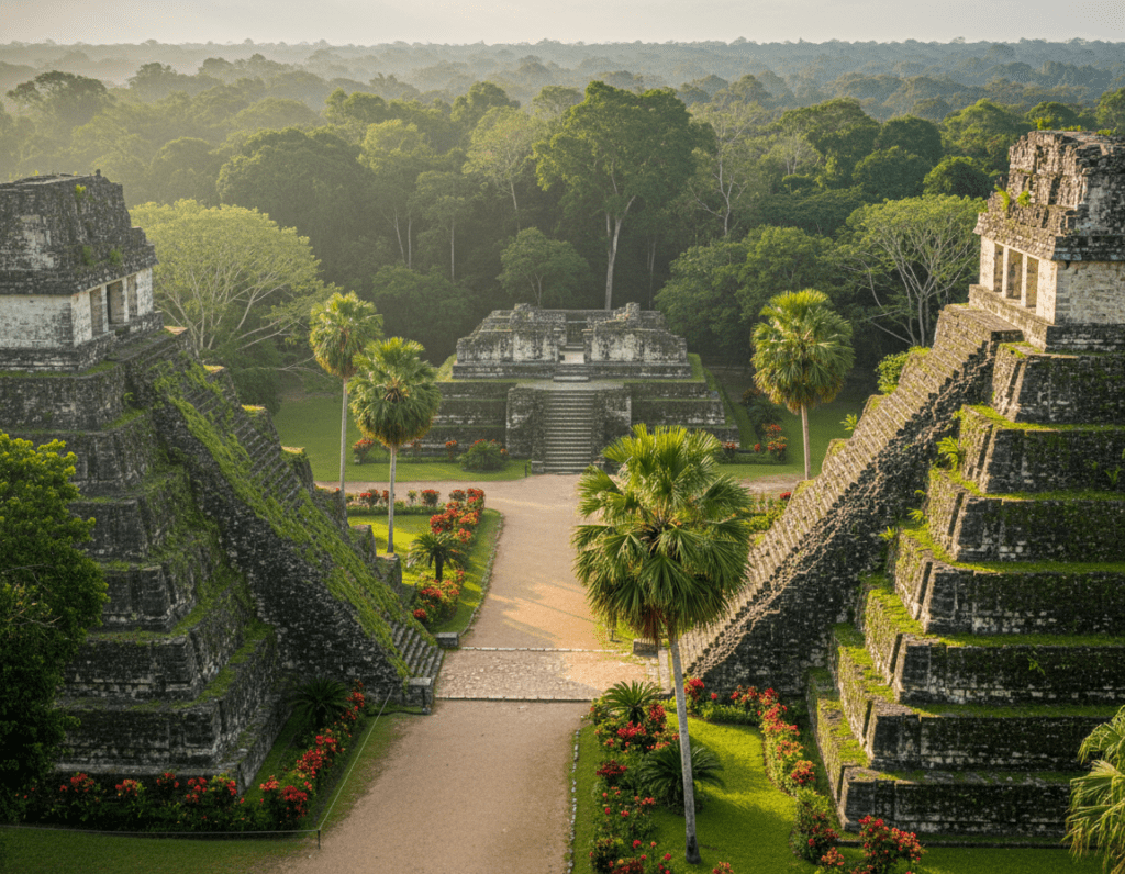 In the foreground, depict the Gran Plaza of Tikal, showcasing the impressive temples and ceremonial structures made of ancient stone, covered in lush green moss and surrounded by vibrant tropical foliage. In the middle ground, include tall palm trees and blooming flowers that accentuate the temple architecture, with a clear path leading through the plaza, inviting exploration. In the background, capture a dense jungle canopy with dappled sunlight filtering through the leaves, creating a serene and mystical atmosphere. The scene should be illuminated by soft natural light, enhancing the textures of the ancient stones. Utilize a slightly elevated angle to convey a bird's eye view of the plaza, emphasizing the grandeur and historical significance of this iconic Mayan site, evoking a sense of wonder and exploration. In the foreground, depict the Gran Plaza of Tikal, showcasing the impressive temples and ceremonial structures made of ancient stone, covered in lush green moss and surrounded by vibrant tropical foliage. In the middle ground, include tall palm trees and blooming flowers that accentuate the temple architecture, with a clear path leading through the plaza, inviting exploration. In the background, capture a dense jungle canopy with dappled sunlight filtering through the leaves, creating a serene and mystical atmosphere. The scene should be illuminated by soft natural light, enhancing the textures of the ancient stones. Utilize a slightly elevated angle to convey a bird's eye view of the plaza, emphasizing the grandeur and historical significance of this iconic Mayan site, evoking a sense of wonder and exploration.