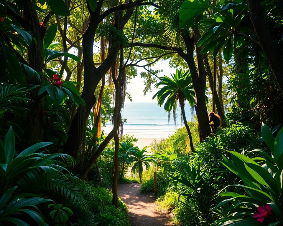 Lush greenery of Tipps Nationalpark Manuel Antonio, showcasing dense tropical forests filled with vibrant flora and fauna. In the foreground, a narrow winding trail leads through the lush underbrush, speckled with sunlight filtering through the leaves, creating dappled shadows on the ground. The middle ground features towering trees adorned with hanging vines and colorful flowers, while playful monkeys can be seen swinging through the branches. In the background, glimpses of the sparkling Pacific Ocean are visible between the trees, with soft waves crashing against the sandy shoreline. The atmosphere is tranquil, evoking a sense of adventure and the beauty of nature. Early morning light casts a warm glow, enhancing the vivid colors of the scene and inviting exploration. Aspect ratio 16:9, high-resolution, sharp focus. Lush greenery of Tipps Nationalpark Manuel Antonio, showcasing dense tropical forests filled with vibrant flora and fauna. In the foreground, a narrow winding trail leads through the lush underbrush, speckled with sunlight filtering through the leaves, creating dappled shadows on the ground. The middle ground features towering trees adorned with hanging vines and colorful flowers, while playful monkeys can be seen swinging through the branches. In the background, glimpses of the sparkling Pacific Ocean are visible between the trees, with soft waves crashing against the sandy shoreline. The atmosphere is tranquil, evoking a sense of adventure and the beauty of nature. Early morning light casts a warm glow, enhancing the vivid colors of the scene and inviting exploration. Aspect ratio 16:9, high-resolution, sharp focus.