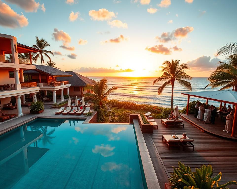 Luxurious resorts in Montezuma, Costa Rica, showcasing beautiful oceanfront villas with elegant architecture and lush tropical gardens. In the foreground, a stunning infinity pool reflects the vibrant sunset, with comfortable sun loungers and tropical plants surrounding it. The middle ground features charming wooden walkways leading to stylish outdoor dining areas, with guests dressed in modest casual clothing enjoying meals. In the background, the coastline glistens, with waves gently crashing against the shore and palm trees swaying in the gentle breeze. The warm, golden-hour lighting creates a serene and inviting atmosphere, emphasizing relaxation and upscale vacation experiences. Capture this idyllic scene with a wide-angle lens to encompass the beauty of the location, ensuring it evokes a sense of luxury and tranquility. Luxurious resorts in Montezuma, Costa Rica, showcasing beautiful oceanfront villas with elegant architecture and lush tropical gardens. In the foreground, a stunning infinity pool reflects the vibrant sunset, with comfortable sun loungers and tropical plants surrounding it. The middle ground features charming wooden walkways leading to stylish outdoor dining areas, with guests dressed in modest casual clothing enjoying meals. In the background, the coastline glistens, with waves gently crashing against the shore and palm trees swaying in the gentle breeze. The warm, golden-hour lighting creates a serene and inviting atmosphere, emphasizing relaxation and upscale vacation experiences. Capture this idyllic scene with a wide-angle lens to encompass the beauty of the location, ensuring it evokes a sense of luxury and tranquility.