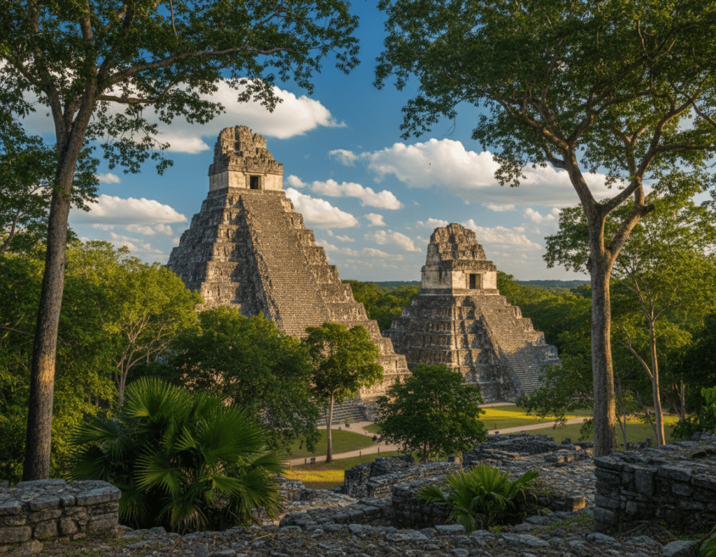 Majestic view of Tikal's Temple I and II, showcasing the iconic stepped pyramids rising above the dense, lush jungle of Guatemala. In the foreground, vibrant green foliage and ancient stone ruins hint at the rich history of the Mayans. The middle ground features the grand pyramids framed by towering trees, with their intricate carvings and stonework bathed in warm, golden sunlight. The background reveals a vivid blue sky dotted with fluffy white clouds, creating a tranquil atmosphere. Capture the scene with a wide-angle lens to emphasize the grandeur of the temples. The overall mood should evoke a sense of wonder and exploration, inviting viewers to immerse themselves in this ancient city hidden within the jungle.
