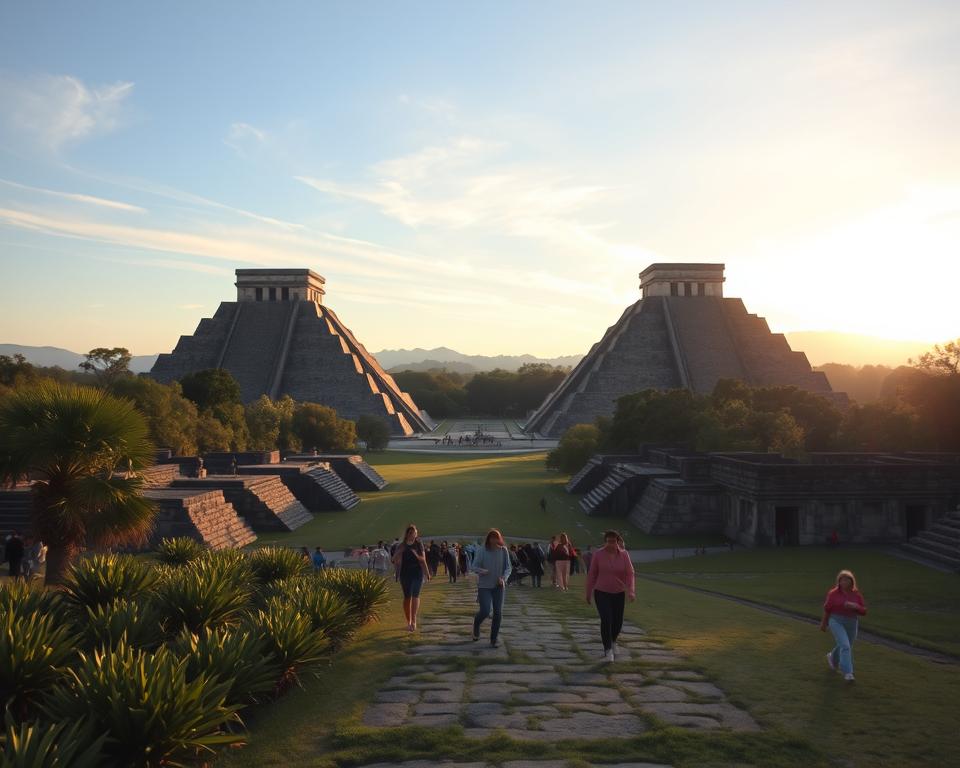 Majestic view of the Teotihuacán Pyramids, featuring the Pyramid of the Sun and the Pyramid of the Moon on either side of the Avenue of the Dead. In the foreground, lush greenery and ancient stone pathways inviting exploration, while visitors in modest casual clothing wander along the avenue. The middle ground showcases the alignment of the pyramids at sunrise, casting long shadows that enhance their grand scale. In the background, a clear blue sky with wispy clouds provides a tranquil atmosphere. The image should evoke a sense of wonder and the spiritual connection to ancient Aztec culture. Capture the scene from a slightly elevated angle with soft, warm lighting to create an inviting and mysterious mood. Majestic view of the Teotihuacán Pyramids, featuring the Pyramid of the Sun and the Pyramid of the Moon on either side of the Avenue of the Dead. In the foreground, lush greenery and ancient stone pathways inviting exploration, while visitors in modest casual clothing wander along the avenue. The middle ground showcases the alignment of the pyramids at sunrise, casting long shadows that enhance their grand scale. In the background, a clear blue sky with wispy clouds provides a tranquil atmosphere. The image should evoke a sense of wonder and the spiritual connection to ancient Aztec culture. Capture the scene from a slightly elevated angle with soft, warm lighting to create an inviting and mysterious mood.