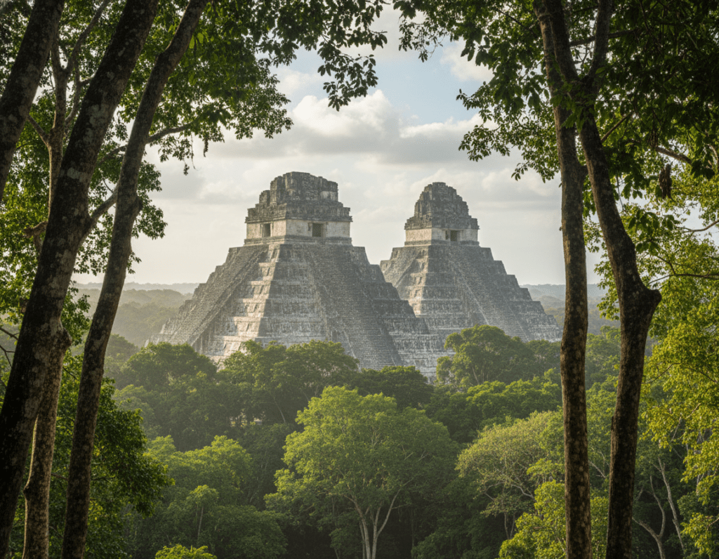 Maya Pyramids in Tikal, Guatemala, rising majestically from the lush green jungle. In the foreground, richly textured tree trunks and vibrant foliage frame the scene, enhancing the sense of depth. The middle ground features the iconic stepped pyramids, partially obscured by mist, their ancient stones weathered by time, showcasing intricate carvings. In the background, the dense canopy of the jungle extends into the horizon, with sunlight filtering through, creating a warm, ethereal glow. The angle captures the pyramids from a low perspective, emphasizing their grandeur against the sky. The atmosphere is serene and mysterious, evoking a sense of ancient civilization and exploration, inviting viewers into the majestic world of the Mayans. Maya Pyramids in Tikal, Guatemala, rising majestically from the lush green jungle. In the foreground, richly textured tree trunks and vibrant foliage frame the scene, enhancing the sense of depth. The middle ground features the iconic stepped pyramids, partially obscured by mist, their ancient stones weathered by time, showcasing intricate carvings. In the background, the dense canopy of the jungle extends into the horizon, with sunlight filtering through, creating a warm, ethereal glow. The angle captures the pyramids from a low perspective, emphasizing their grandeur against the sky. The atmosphere is serene and mysterious, evoking a sense of ancient civilization and exploration, inviting viewers into the majestic world of the Mayans.