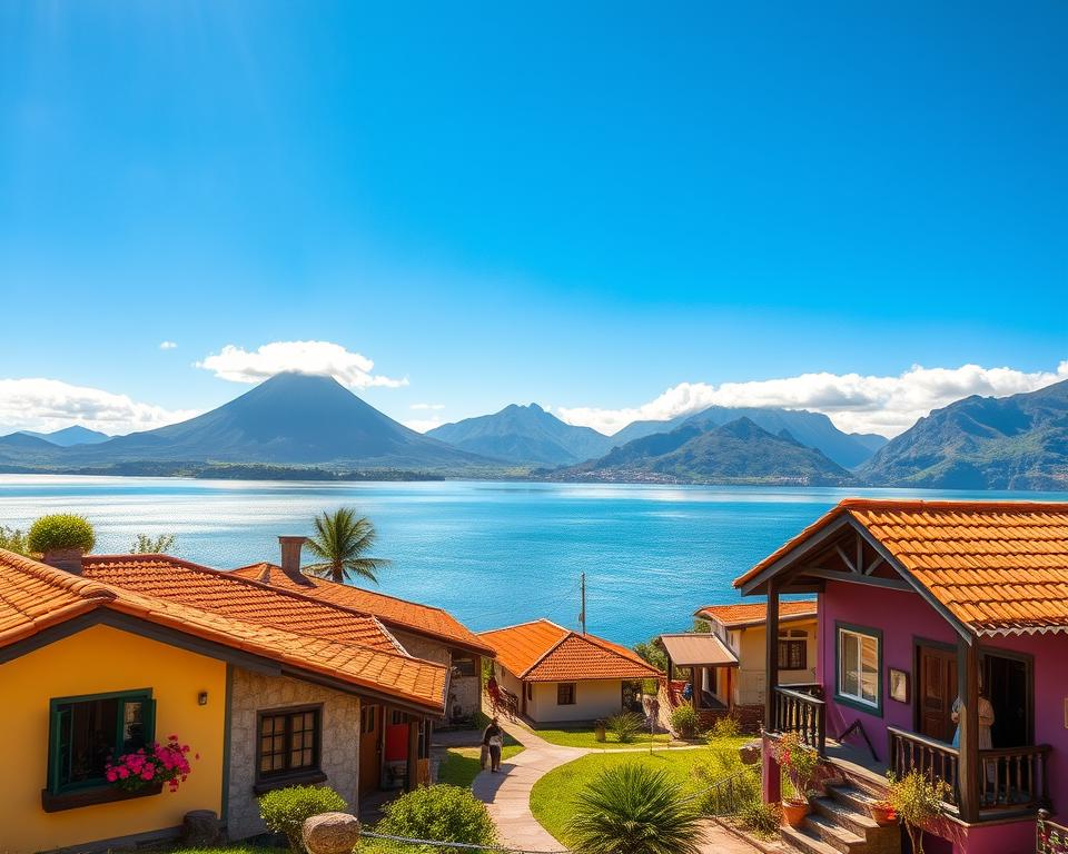 Vibrant scene of Lago Atitlán in Guatemala, showcasing charming indigenous villages nestled along the lakeside. In the foreground, colorful traditional houses with terracotta roofs and blooming flowers in window boxes reflect the local culture. In the middle ground, the serene lake glistens under the warm sun, with locals in modest casual clothing engaging in daily activities. The distant background features majestic volcanoes rising dramatically against a vivid blue sky, with soft clouds drifting above. The sunlight casts a warm, inviting glow, creating a peaceful and idyllic atmosphere. Capture this landscape with a wide-angle lens to emphasize the beauty and depth, evoking a sense of tranquility and exploration. Vibrant scene of Lago Atitlán in Guatemala, showcasing charming indigenous villages nestled along the lakeside. In the foreground, colorful traditional houses with terracotta roofs and blooming flowers in window boxes reflect the local culture. In the middle ground, the serene lake glistens under the warm sun, with locals in modest casual clothing engaging in daily activities. The distant background features majestic volcanoes rising dramatically against a vivid blue sky, with soft clouds drifting above. The sunlight casts a warm, inviting glow, creating a peaceful and idyllic atmosphere. Capture this landscape with a wide-angle lens to emphasize the beauty and depth, evoking a sense of tranquility and exploration.
