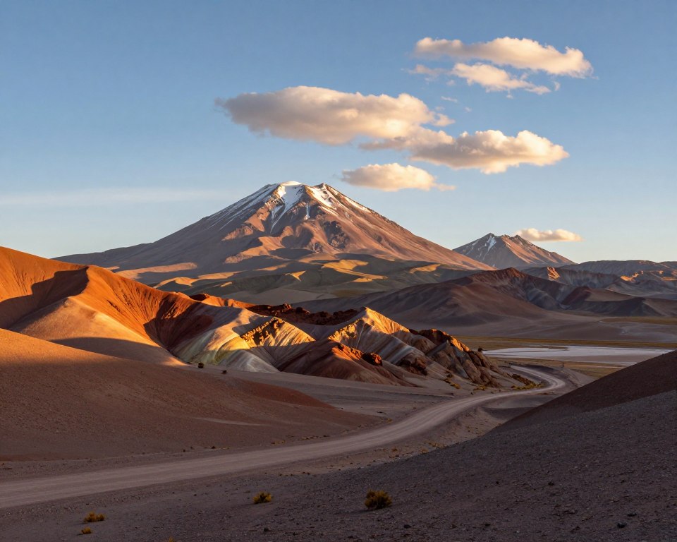A breathtaking Altiplano landscape during golden hour, showcasing the majestic Andean mountains looming in the background. In the foreground, vibrant, multi-colored volcanic rock formations contrast against the sparse, dry terrain of the Atacama Desert. A clear blue sky is dotted with soft, white clouds, casting gentle shadows on the rugged ground. In the middle ground, a winding dirt road leads toward the mountains, inviting adventure and exploration. The lighting captures the warm hues of sunset, creating a serene and contemplative atmosphere. Incorporate distant, snow-capped volcanoes to highlight the unique geological features of the region. Use a wide-angle perspective to emphasize the vastness of the landscape, ensuring a tranquil yet inspiring portrayal of this remote destination. A breathtaking Altiplano landscape during golden hour, showcasing the majestic Andean mountains looming in the background. In the foreground, vibrant, multi-colored volcanic rock formations contrast against the sparse, dry terrain of the Atacama Desert. A clear blue sky is dotted with soft, white clouds, casting gentle shadows on the rugged ground. In the middle ground, a winding dirt road leads toward the mountains, inviting adventure and exploration. The lighting captures the warm hues of sunset, creating a serene and contemplative atmosphere. Incorporate distant, snow-capped volcanoes to highlight the unique geological features of the region. Use a wide-angle perspective to emphasize the vastness of the landscape, ensuring a tranquil yet inspiring portrayal of this remote destination.