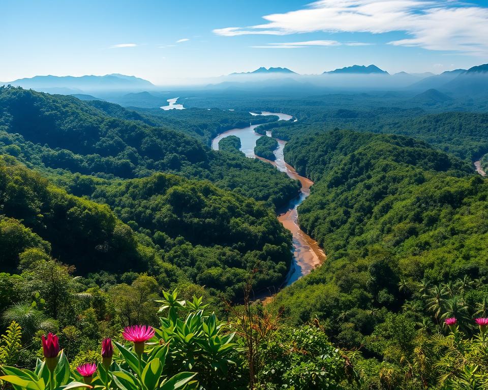 A breathtaking aerial view of Corcovado National Park in Costa Rica, showcasing its lush, dense tropical rainforest and diverse wildlife. In the foreground, include vibrant greenery with flowering plants and trees rich in various shades of green. In the middle ground, highlight meandering rivers that reflect the sunlight, with wildlife such as monkeys and colorful birds peeking through the foliage. The background features misty mountains rising beneath a clear blue sky, enhancing the park's majestic scale. Use soft, natural lighting to evoke a serene and untouched ambiance, captured with a wide-angle lens to emphasize the vastness of this ecological treasure. The atmosphere should feel peaceful and invigorating, inviting the viewer to appreciate the beauty and significance of this protected area.