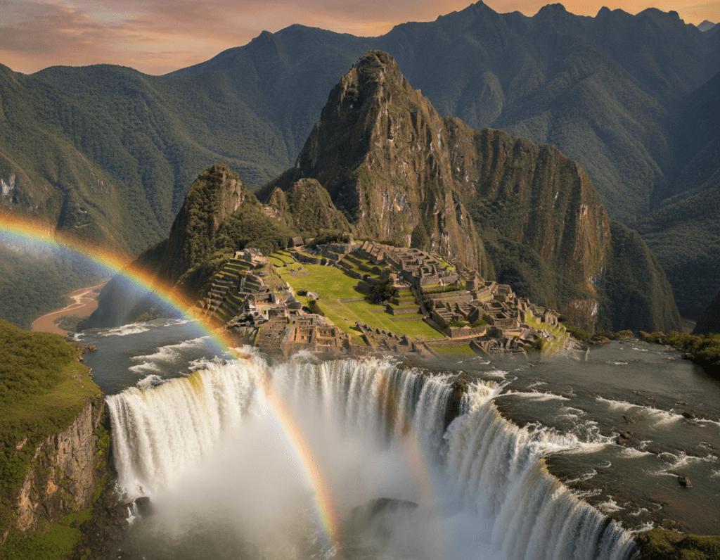 A breathtaking collage showcasing the highlights of South America, featuring iconic landscapes and landmarks. In the foreground, include the majestic Iguazu Falls, with cascading water catching the sunlight, creating a vibrant rainbow. In the middle ground, depict the ancient ruins of Machu Picchu bathed in golden sunlight, surrounded by lush green mountains and a clear blue sky. To the background, illustrate the vastness of the Amazon rainforest with dense foliage and winding rivers, under a softly diffused sunset. Capture the mood of adventure and awe, with a warm color palette emphasizing the natural beauty. Use a wide-angle lens perspective to enhance the grandeur, ensuring a vibrant, inviting atmosphere without any text or overlays.