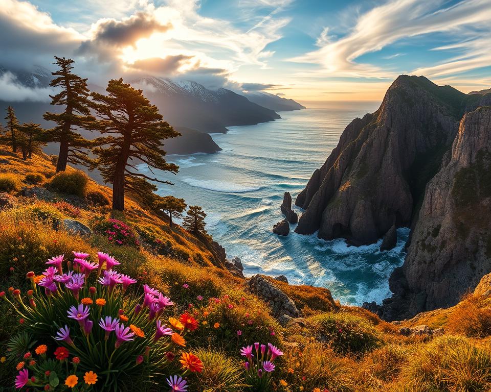 A breathtaking panorama of Feuerland, showcasing the rugged landscapes of Patagonia. In the foreground, feature a diverse array of native flora, including vibrant wildflowers and towering lenga trees. The middle ground presents a majestic view of the jagged mountains, their peaks dusted with snow, amidst swirling clouds. In the background, the tumultuous Atlantic Ocean meets the rocky coastline, with waves crashing dramatically against the cliffs. The scene is illuminated by the warm glow of a setting sun, casting golden light across the landscape and creating long shadows. Capture the mood of wildness and tranquility, emphasizing the vastness of this unspoiled wilderness. Use a wide-angle lens to enhance the expansive feel of the scenery, ensuring the colors are vivid and dynamic, imparting a sense of adventure and awe. A breathtaking panorama of Feuerland, showcasing the rugged landscapes of Patagonia. In the foreground, feature a diverse array of native flora, including vibrant wildflowers and towering lenga trees. The middle ground presents a majestic view of the jagged mountains, their peaks dusted with snow, amidst swirling clouds. In the background, the tumultuous Atlantic Ocean meets the rocky coastline, with waves crashing dramatically against the cliffs. The scene is illuminated by the warm glow of a setting sun, casting golden light across the landscape and creating long shadows. Capture the mood of wildness and tranquility, emphasizing the vastness of this unspoiled wilderness. Use a wide-angle lens to enhance the expansive feel of the scenery, ensuring the colors are vivid and dynamic, imparting a sense of adventure and awe.