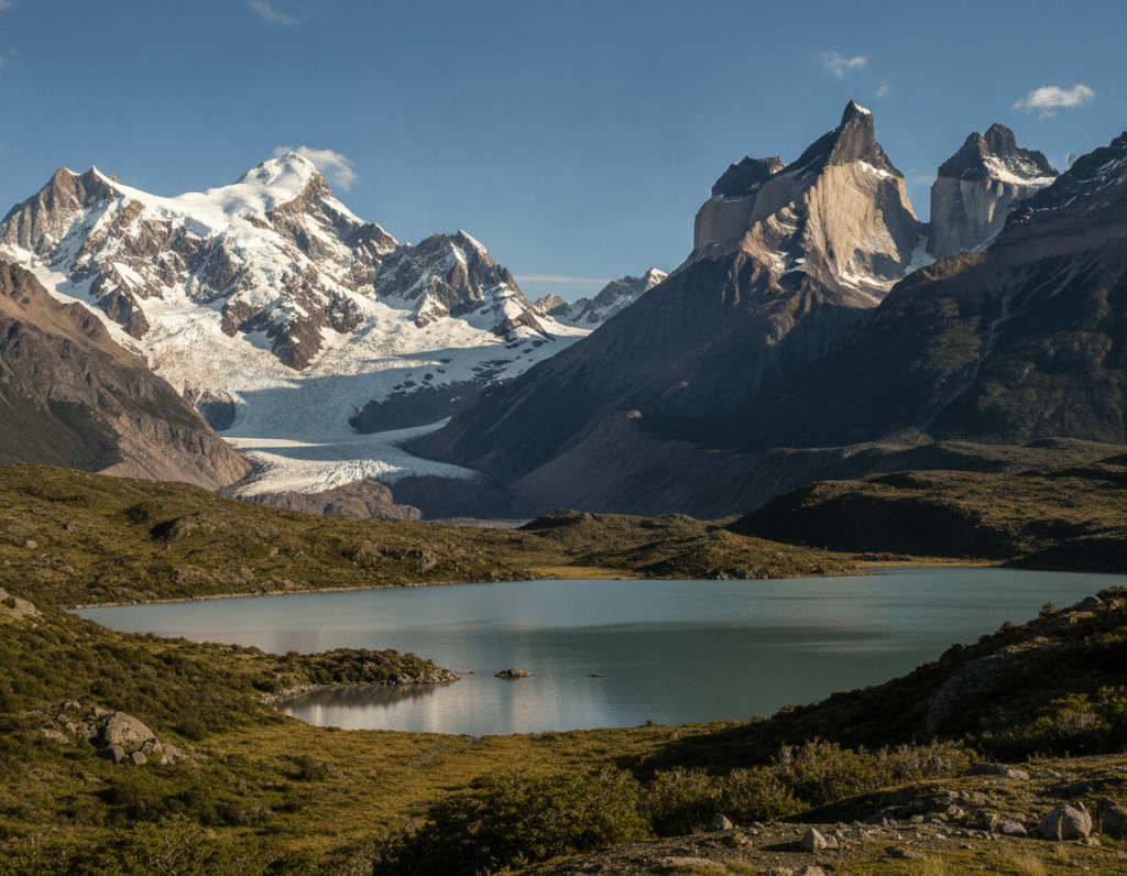 A breathtaking panorama of Patagonia featuring towering snow-capped mountains, vast glaciers glimmering under the golden sunlight, and endless expanses of rugged wilderness. In the foreground, a serene glacial lake reflects the vibrant blues of the sky, bordered by green shrubs and rocky terrain. In the middle ground, majestic peaks rise dramatically with jagged edges, casting long shadows. In the background, a vast horizon stretches under a clear azure sky, dotted with wispy clouds. The lighting is crisp and bright, suggesting a midday sun with high contrast. Capture the atmosphere of adventure and tranquility, evoking a sense of awe for the untouched beauty of nature. A breathtaking panorama of Patagonia featuring towering snow-capped mountains, vast glaciers glimmering under the golden sunlight, and endless expanses of rugged wilderness. In the foreground, a serene glacial lake reflects the vibrant blues of the sky, bordered by green shrubs and rocky terrain. In the middle ground, majestic peaks rise dramatically with jagged edges, casting long shadows. In the background, a vast horizon stretches under a clear azure sky, dotted with wispy clouds. The lighting is crisp and bright, suggesting a midday sun with high contrast. Capture the atmosphere of adventure and tranquility, evoking a sense of awe for the untouched beauty of nature.