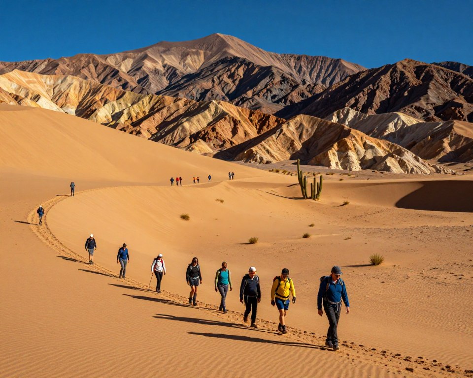 A breathtaking scene in the Atacama Desert, showcasing a group of hikers trekking on rugged, sunlit trails through golden sand dunes and colorful rock formations. In the foreground, the diverse and energetic group is dressed in practical outdoor attire, showing determination and adventure. The middle ground features gentle slopes of golden sand with occasional cacti and sparse vegetation. In the background, majestic mountains rise against a deep blue sky, casting sharp shadows in the warm afternoon light. Capture the textures of the sand and rocks, highlighting the dramatic contrasts. The atmosphere is vibrant and exhilarating, evoking a sense of discovery and the thrill of outdoor activities like hiking and sandboarding. Use a wide-angle lens to emphasize the vastness of the landscape, creating a dynamic and immersive composition. A breathtaking scene in the Atacama Desert, showcasing a group of hikers trekking on rugged, sunlit trails through golden sand dunes and colorful rock formations. In the foreground, the diverse and energetic group is dressed in practical outdoor attire, showing determination and adventure. The middle ground features gentle slopes of golden sand with occasional cacti and sparse vegetation. In the background, majestic mountains rise against a deep blue sky, casting sharp shadows in the warm afternoon light. Capture the textures of the sand and rocks, highlighting the dramatic contrasts. The atmosphere is vibrant and exhilarating, evoking a sense of discovery and the thrill of outdoor activities like hiking and sandboarding. Use a wide-angle lens to emphasize the vastness of the landscape, creating a dynamic and immersive composition.