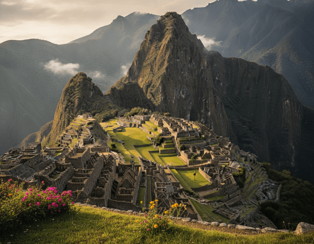 A breathtaking view of Machu Picchu in Peru during the golden hour, with warm, soft sunlight illuminating the ancient stone structures. In the foreground, lush green terraces and vibrant flowers contrast against the weathered stones. The middle ground features the iconic citadel nestled between steep, majestic mountain peaks, shrouded slightly in mist for an ethereal atmosphere. In the background, the Andes stretch infinitely, creating a sense of awe-inspiring scale. Capture the scene from a slightly elevated angle, showcasing the panoramic landscape. The overall mood is tranquil and mystical, evoking a sense of adventure and discovery, ideal for illustrating the beauty of Peru's cultural heritage and natural wonders. The image should be free from any text or watermarks. A breathtaking view of Machu Picchu in Peru during the golden hour, with warm, soft sunlight illuminating the ancient stone structures. In the foreground, lush green terraces and vibrant flowers contrast against the weathered stones. The middle ground features the iconic citadel nestled between steep, majestic mountain peaks, shrouded slightly in mist for an ethereal atmosphere. In the background, the Andes stretch infinitely, creating a sense of awe-inspiring scale. Capture the scene from a slightly elevated angle, showcasing the panoramic landscape. The overall mood is tranquil and mystical, evoking a sense of adventure and discovery, ideal for illustrating the beauty of Peru's cultural heritage and natural wonders. The image should be free from any text or watermarks.