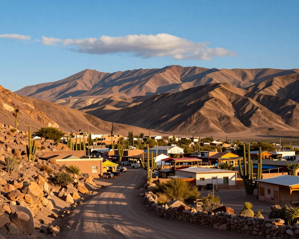 A breathtaking view of San Pedro de Atacama, showcasing the stunning contrast of arid desert landscapes and colorful mountainous backdrops. In the foreground, a winding dirt road leads toward the town, where traditional adobe houses and vibrant local markets can be seen. The middle ground features tall cacti and sparse vegetation, emphasizing the harsh yet beautiful environment. In the background, towering Andes mountains rise under a clear blue sky, with wisps of clouds casting soft shadows on the terrain. The lighting is golden and warm, reminiscent of early morning or late afternoon, creating a serene and inviting atmosphere. Capture this vista from a slightly elevated angle to provide depth and perspective, emphasizing the journey in discovering the enchanting Atacama Desert. A breathtaking view of San Pedro de Atacama, showcasing the stunning contrast of arid desert landscapes and colorful mountainous backdrops. In the foreground, a winding dirt road leads toward the town, where traditional adobe houses and vibrant local markets can be seen. The middle ground features tall cacti and sparse vegetation, emphasizing the harsh yet beautiful environment. In the background, towering Andes mountains rise under a clear blue sky, with wisps of clouds casting soft shadows on the terrain. The lighting is golden and warm, reminiscent of early morning or late afternoon, creating a serene and inviting atmosphere. Capture this vista from a slightly elevated angle to provide depth and perspective, emphasizing the journey in discovering the enchanting Atacama Desert.